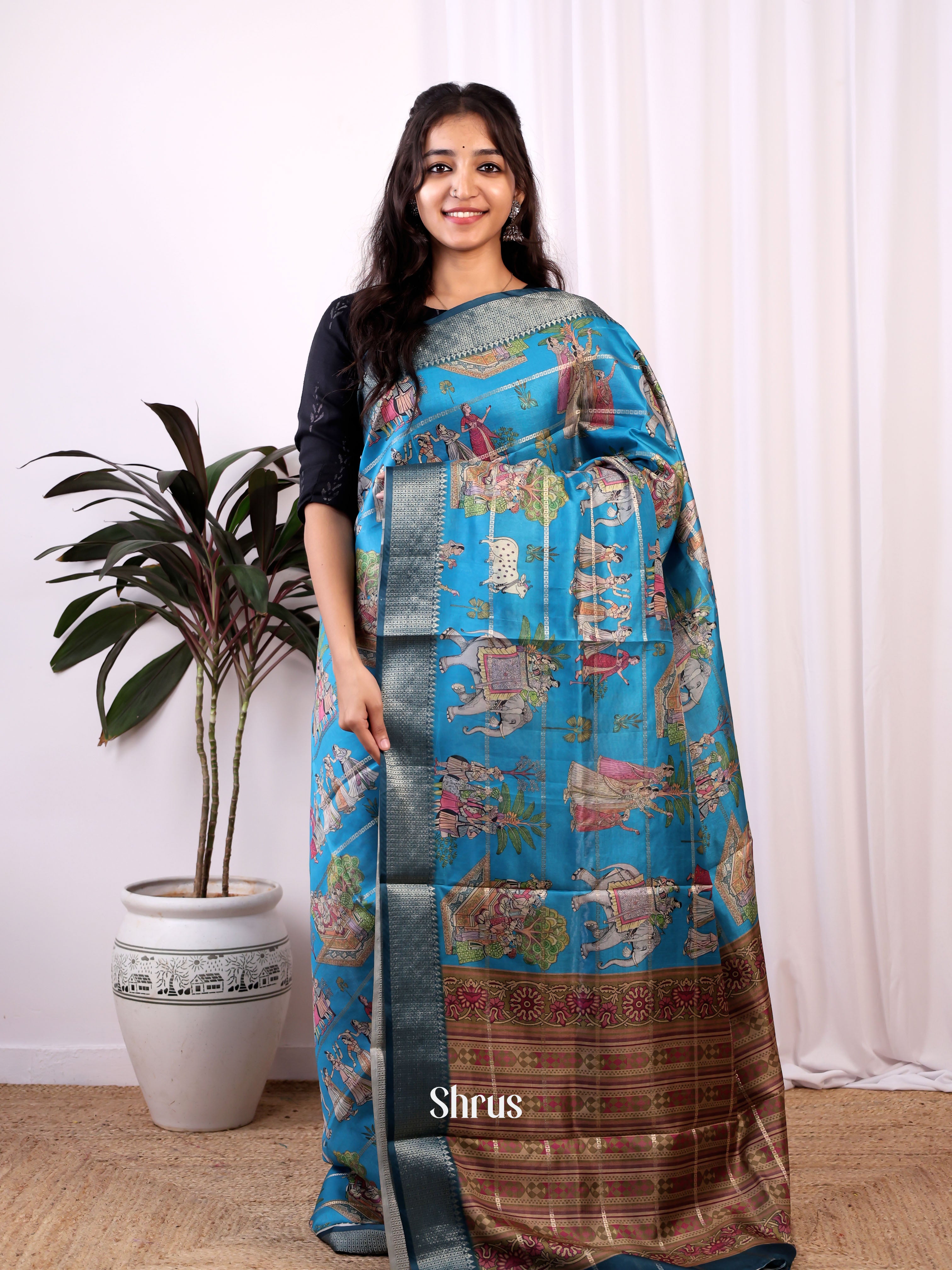 Blue - Semi Dola silk Saree - Shop on Shrus.com