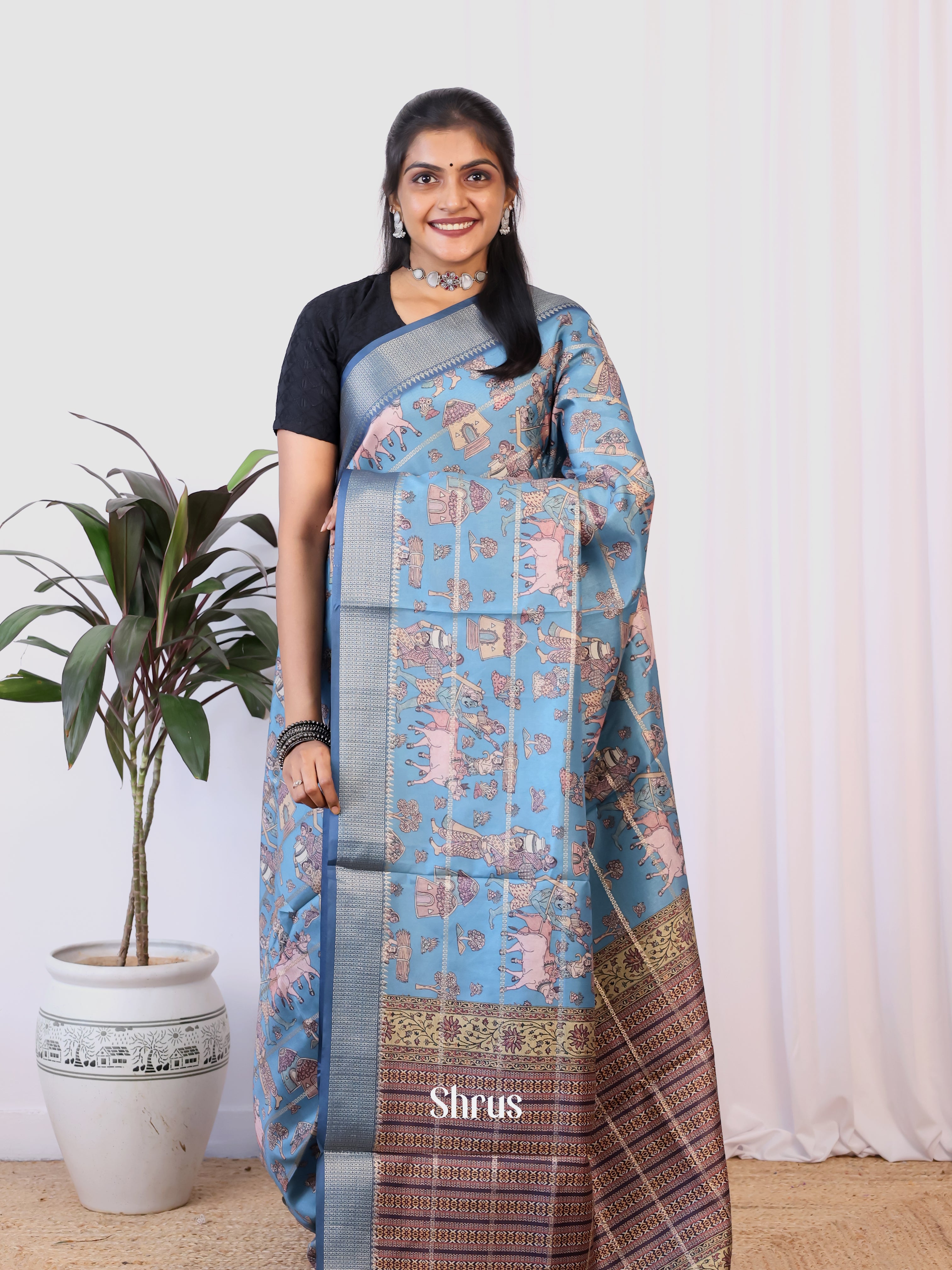 Blue - Semi Dola silk Saree - Shop on Shrus.com