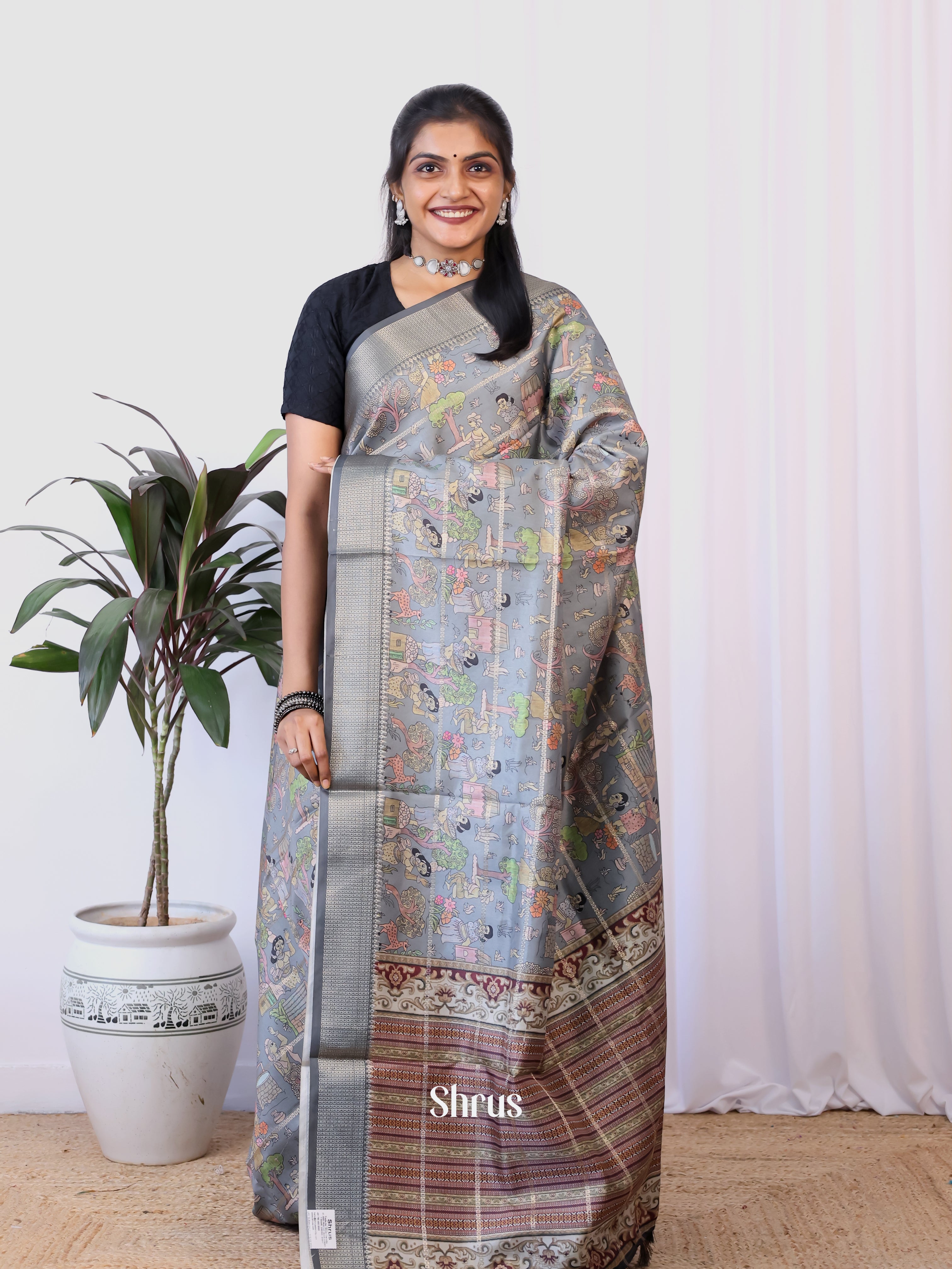 Grey - Semi Dola silk Saree - Shop on Shrus.com
