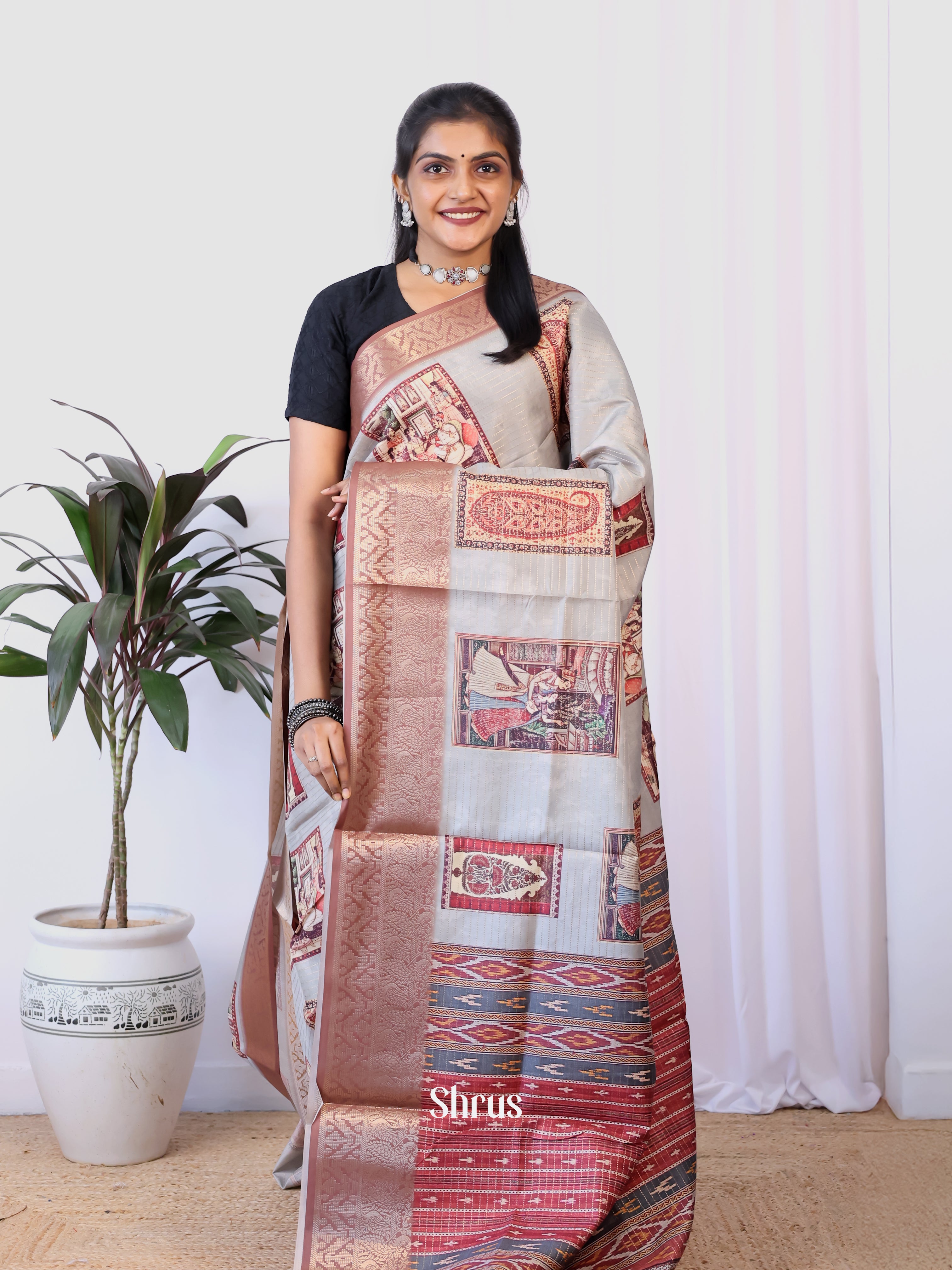 Grey & Brown - Semi Dola silk Saree - Shop on Shrus.com