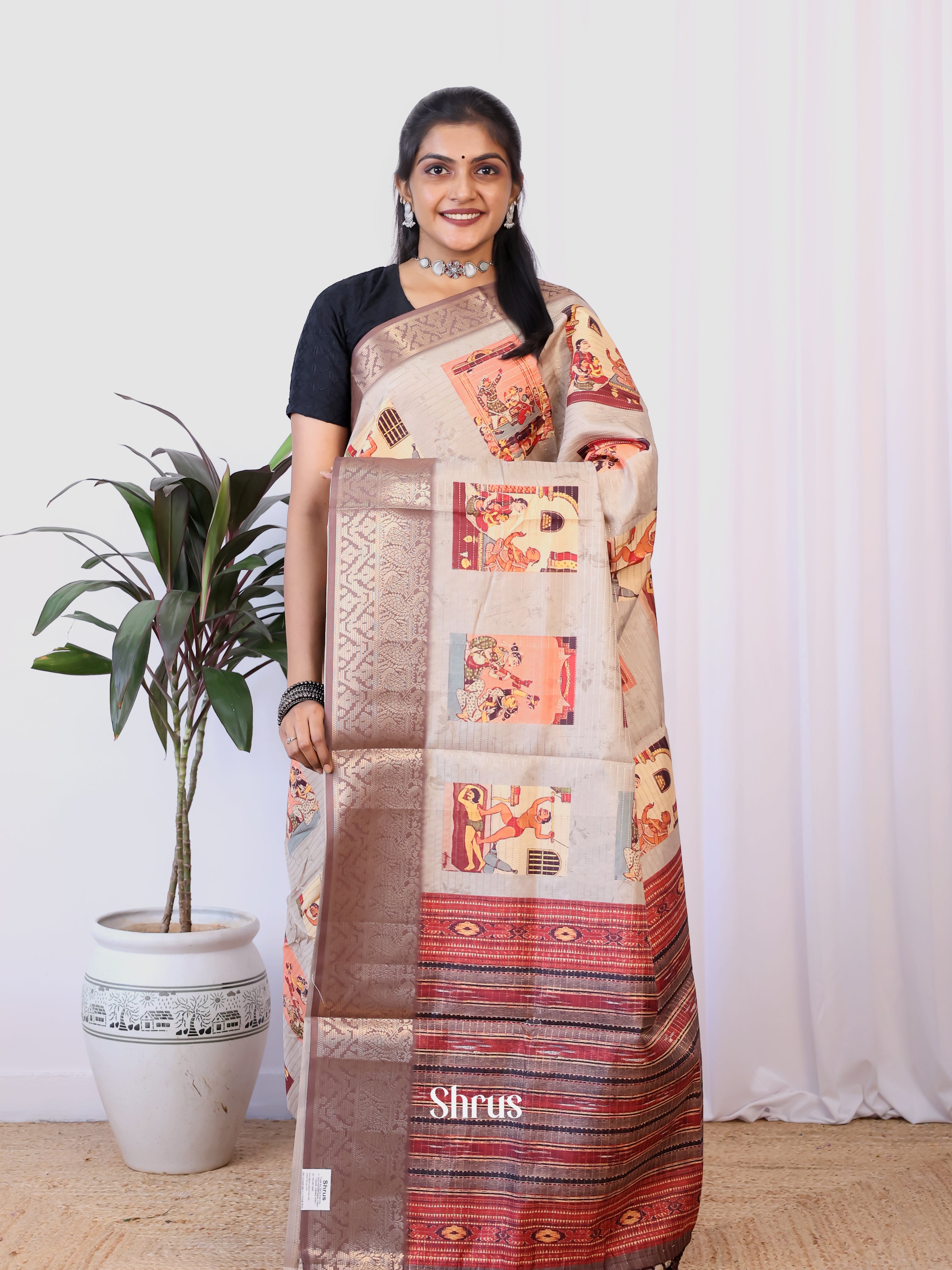 Grey & Brown - Semi Dola silk Saree - Shop on Shrus.com