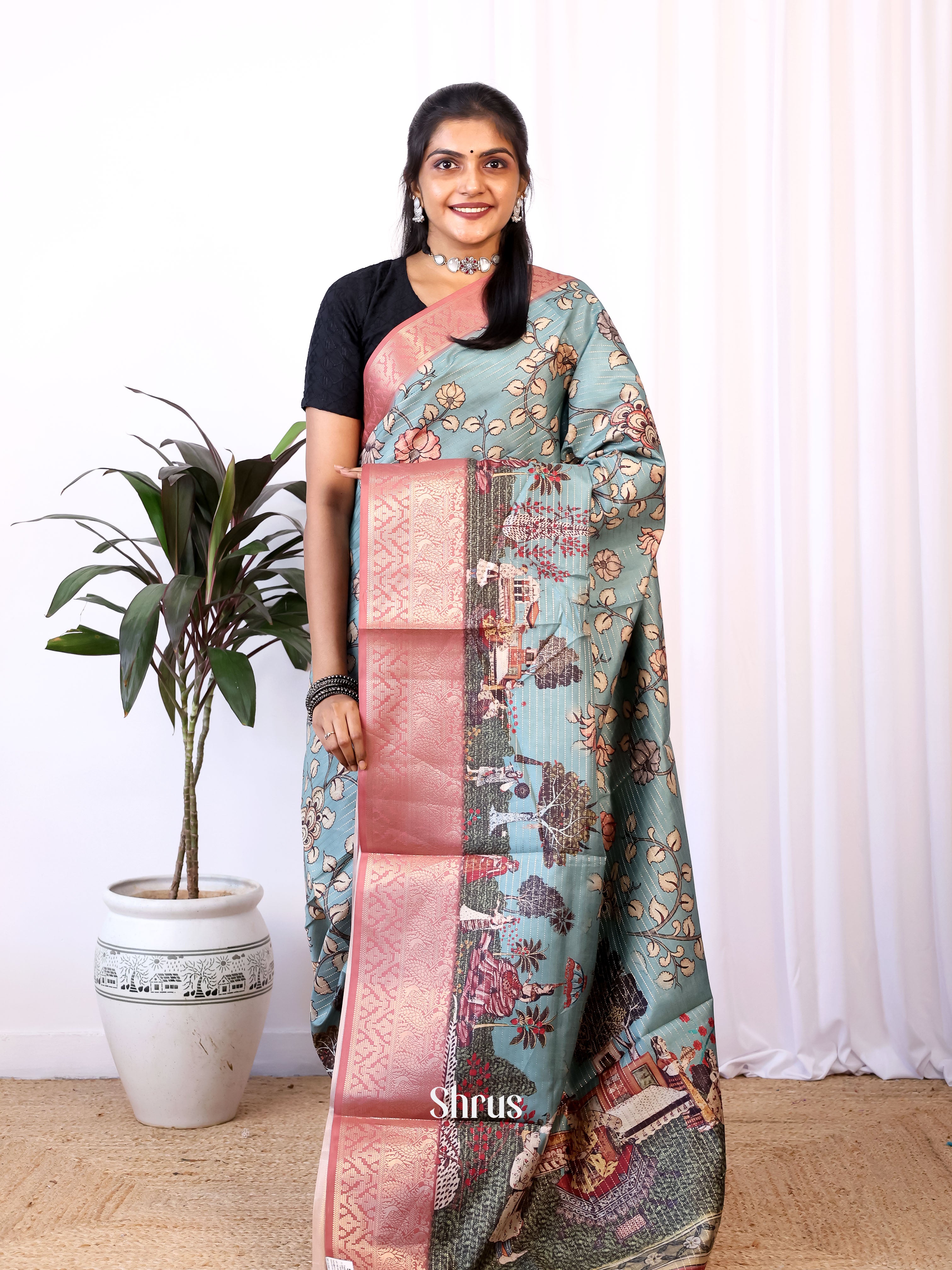 Grey & Brown - Semi Dola silk Saree - Shop on Shrus.com
