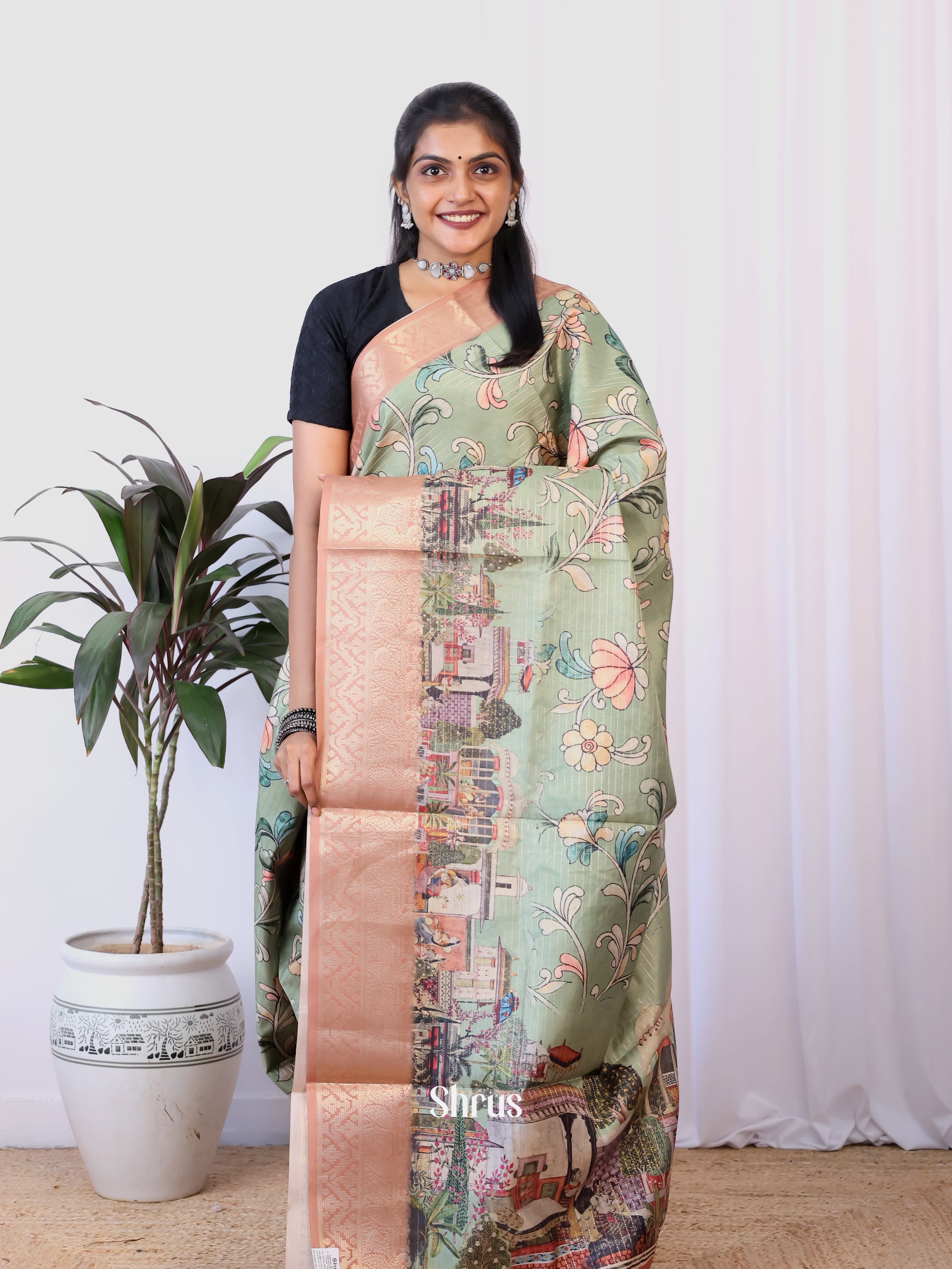 Elachi Green & Peach - Semi Dola silk Saree - Shop on Shrus.com