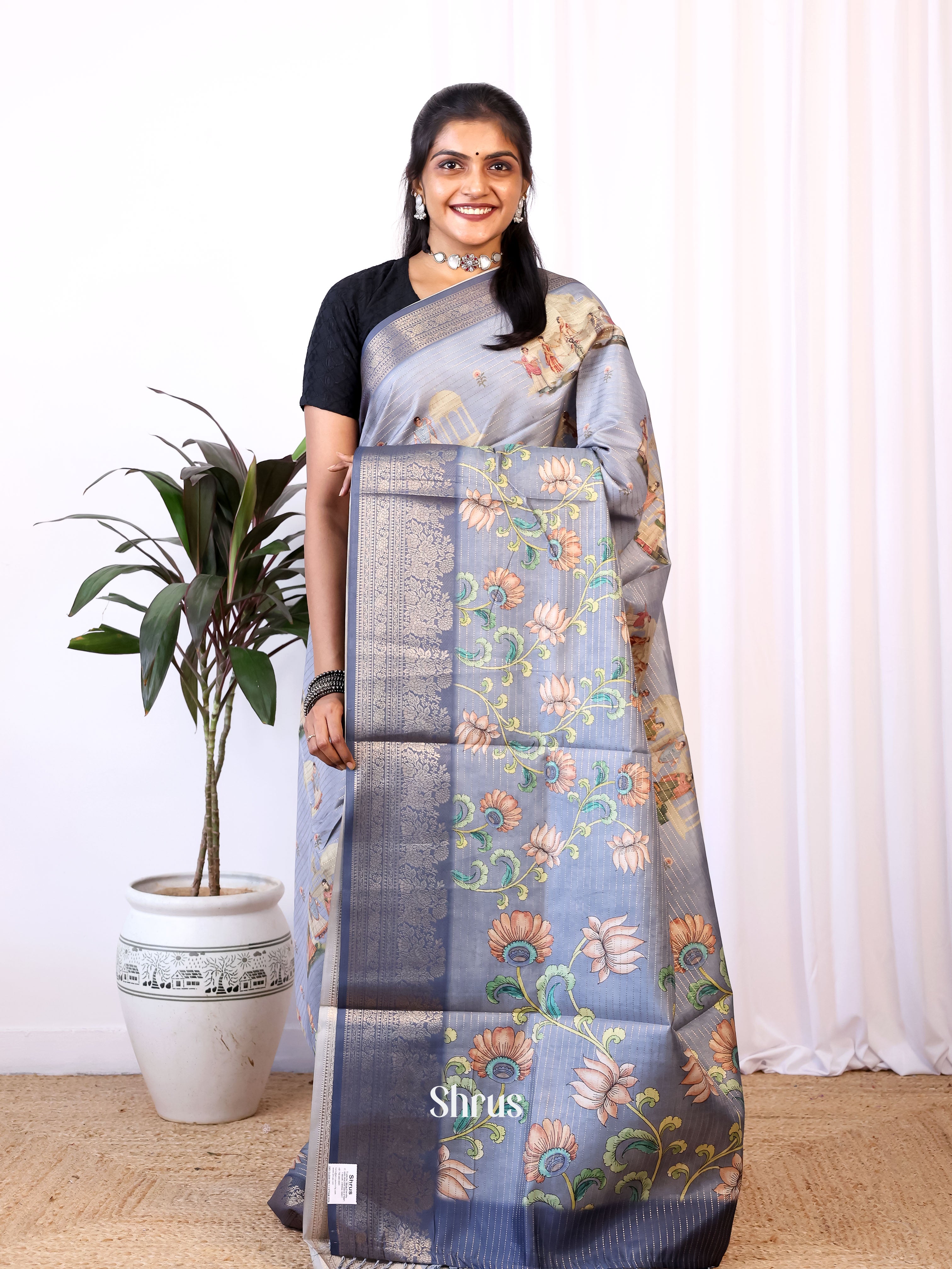 Grey - Semi Dola silk Saree - Shop on Shrus.com