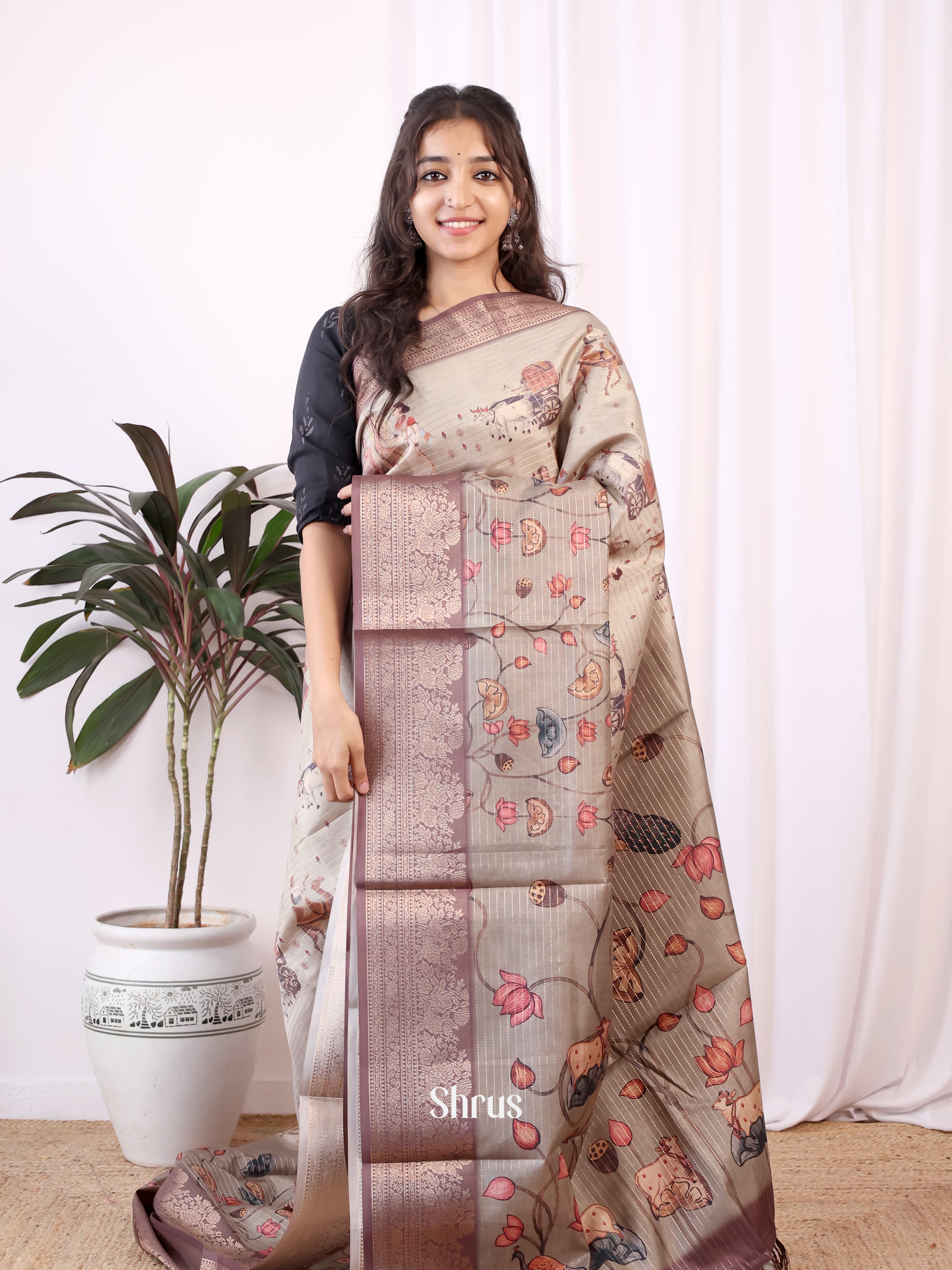 Grey & Brown - Semi Dola silk Saree - Shop on Shrus.com
