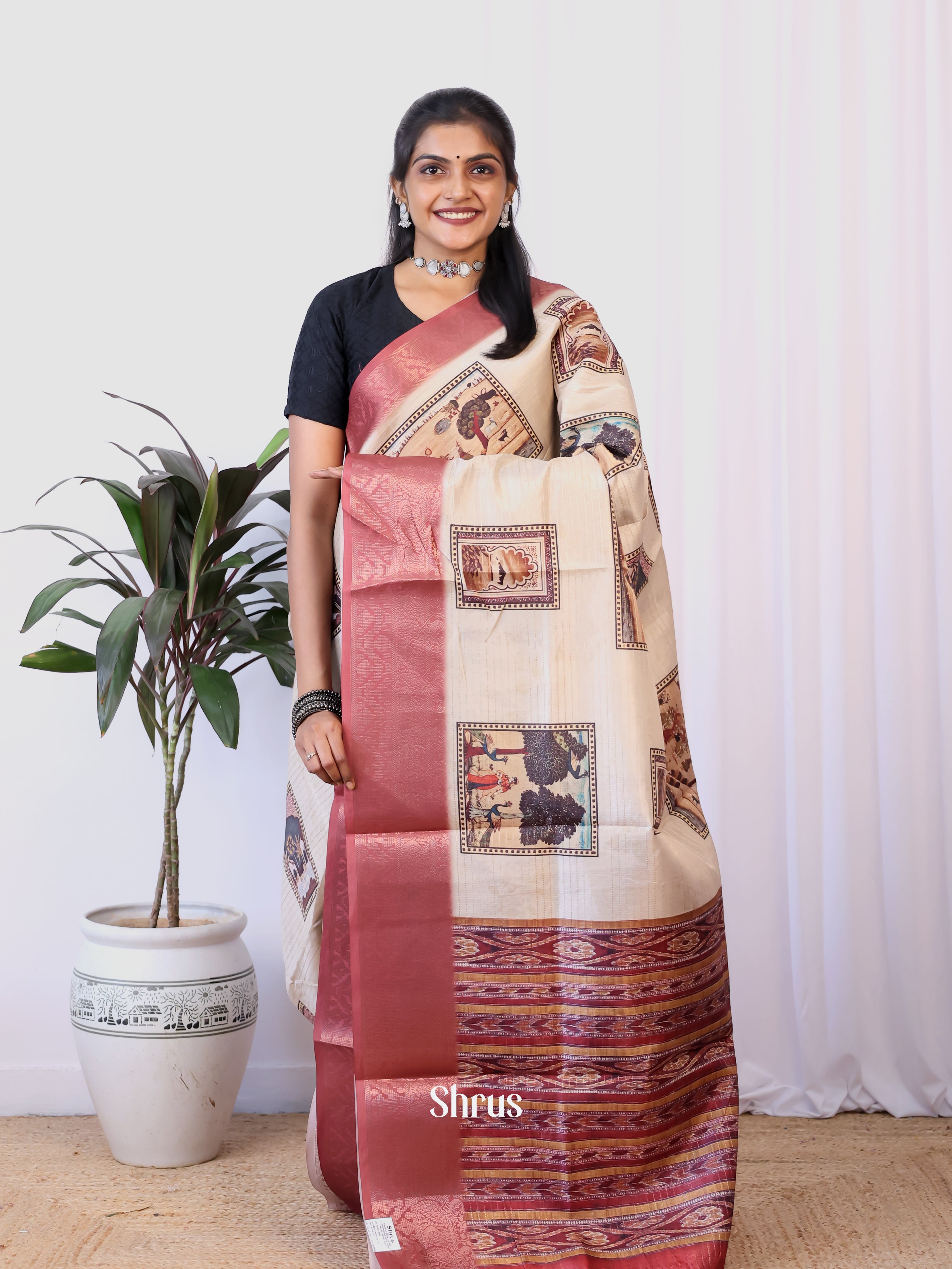 Grey & Maroon- Semi Dola silk Saree - Shop on Shrus.com