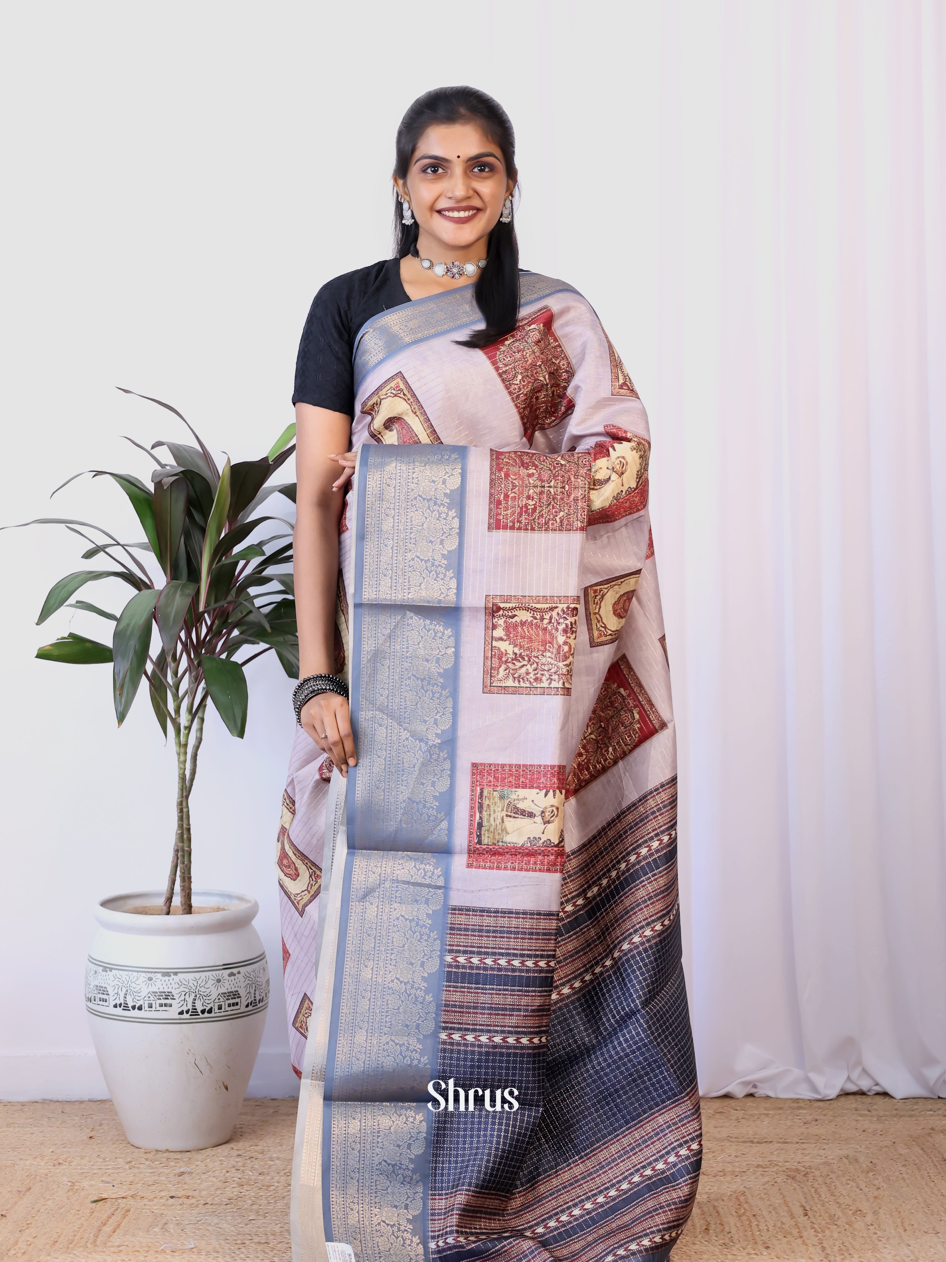 Purple & Grey - Semi Dola silk Saree - Shop on Shrus.com