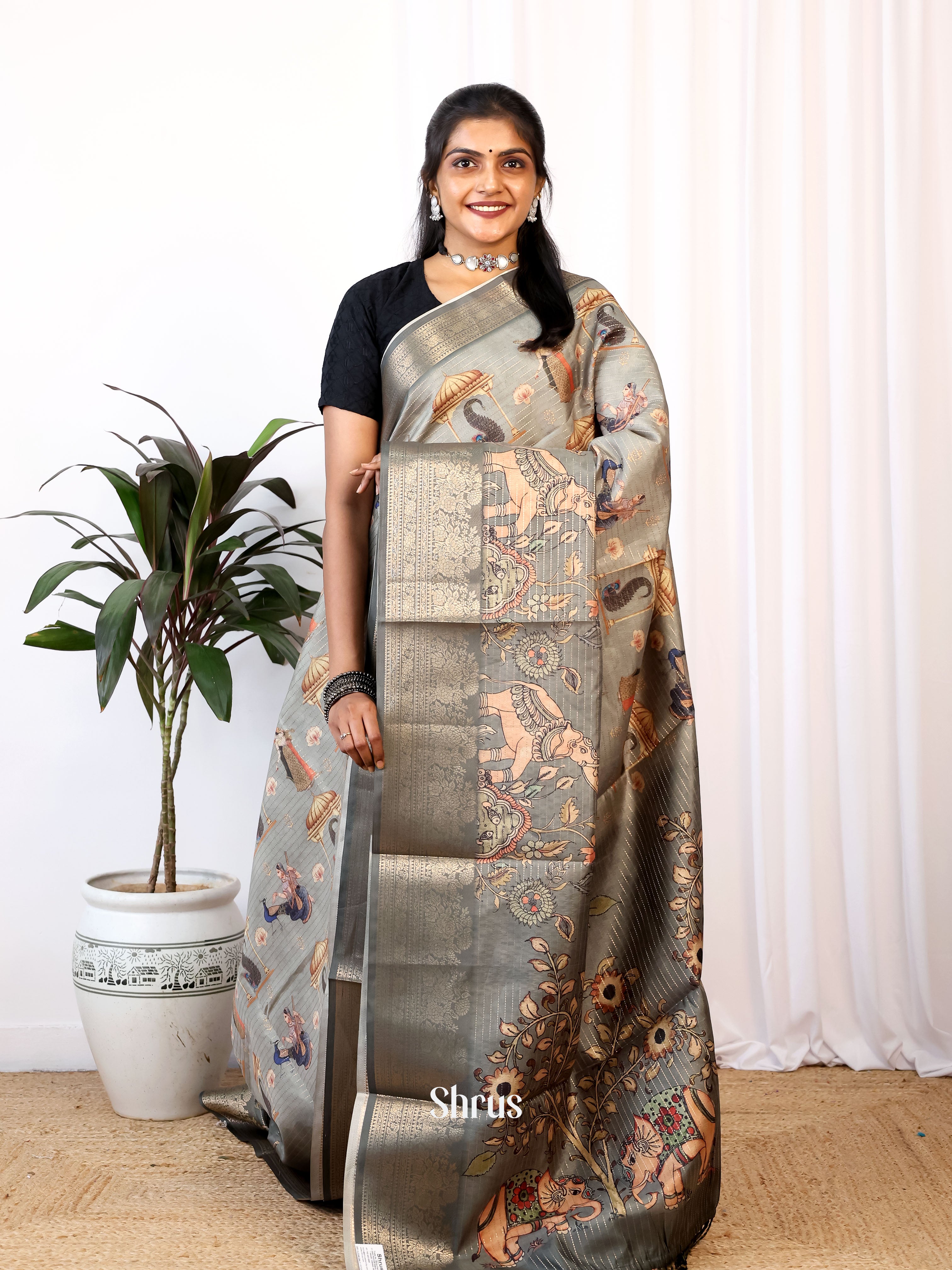 Grey - Semi Dola silk Saree - Shop on Shrus.com