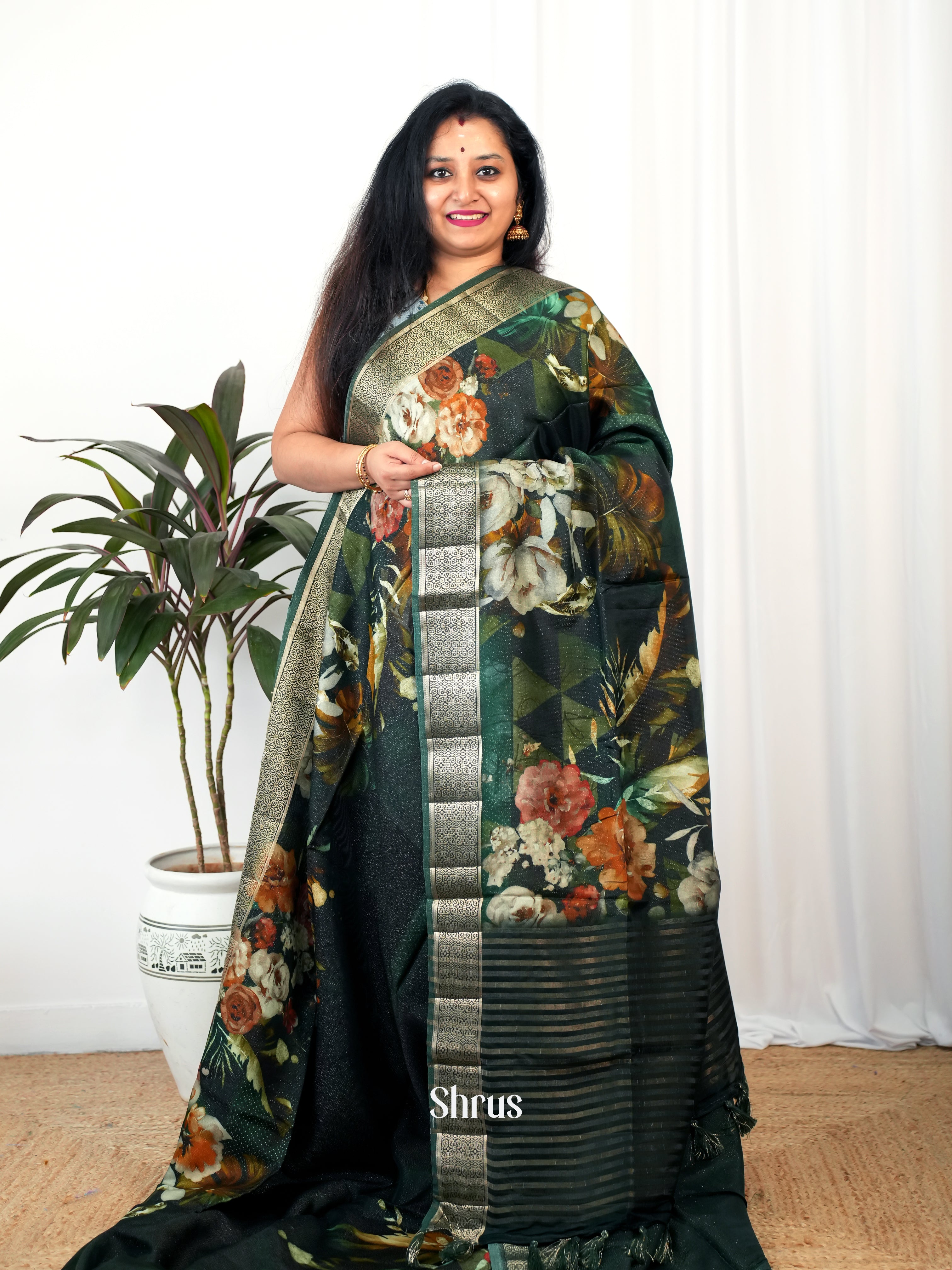 Green - Printed chanderi Saree - Shop on Shrus.com