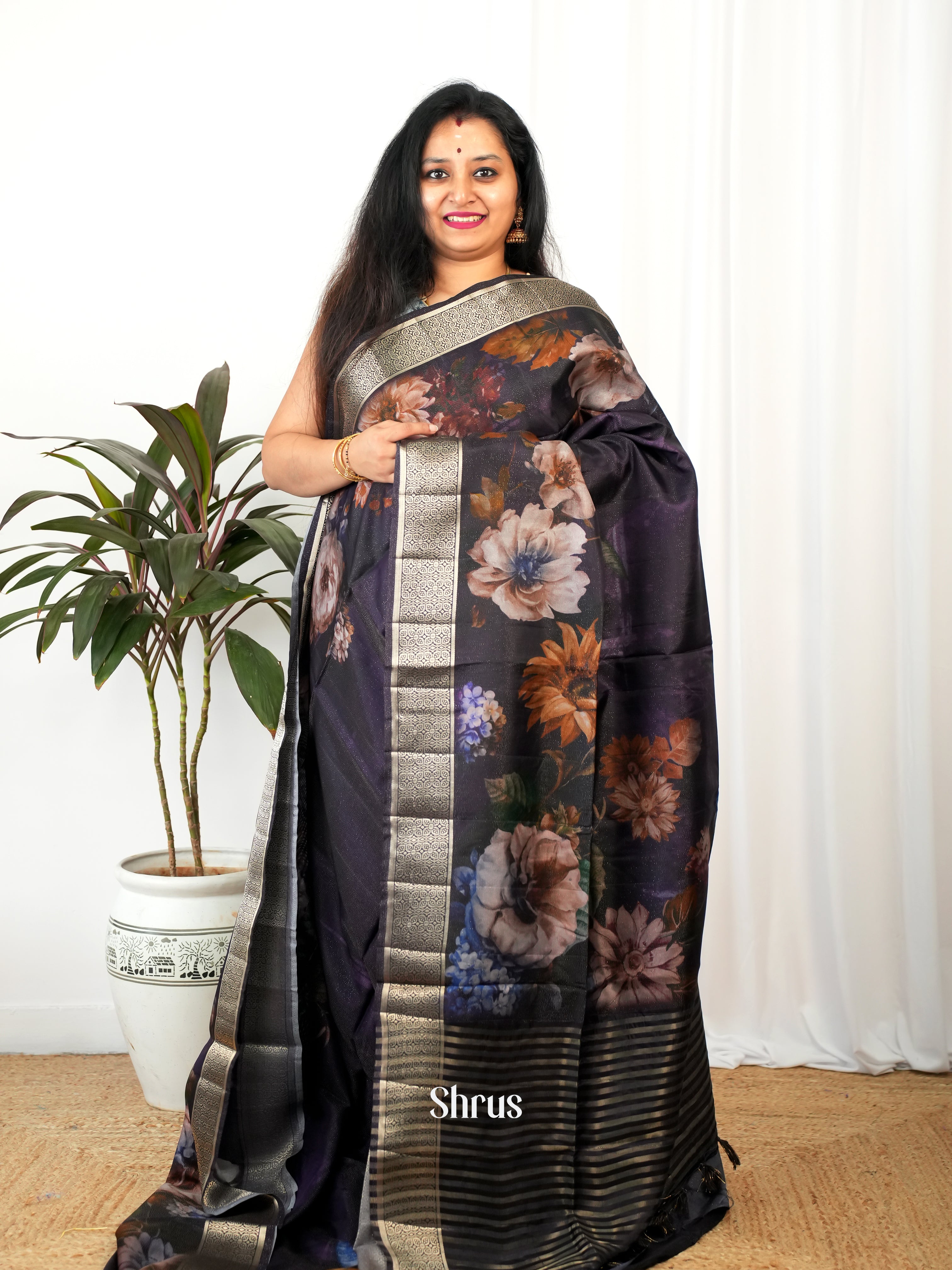 Dark Violet - Printed chanderi Saree - Shop on Shrus.com