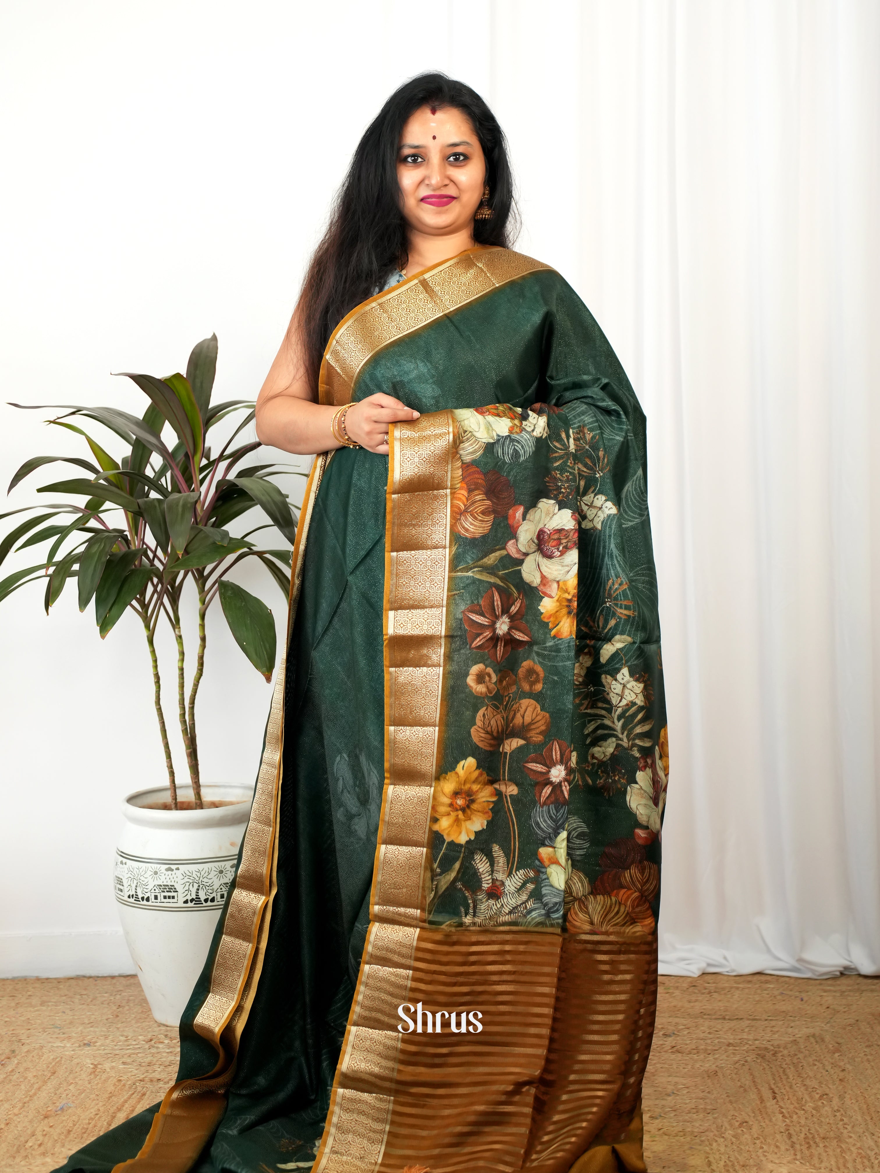 Green & Brown - Printed chanderi Saree