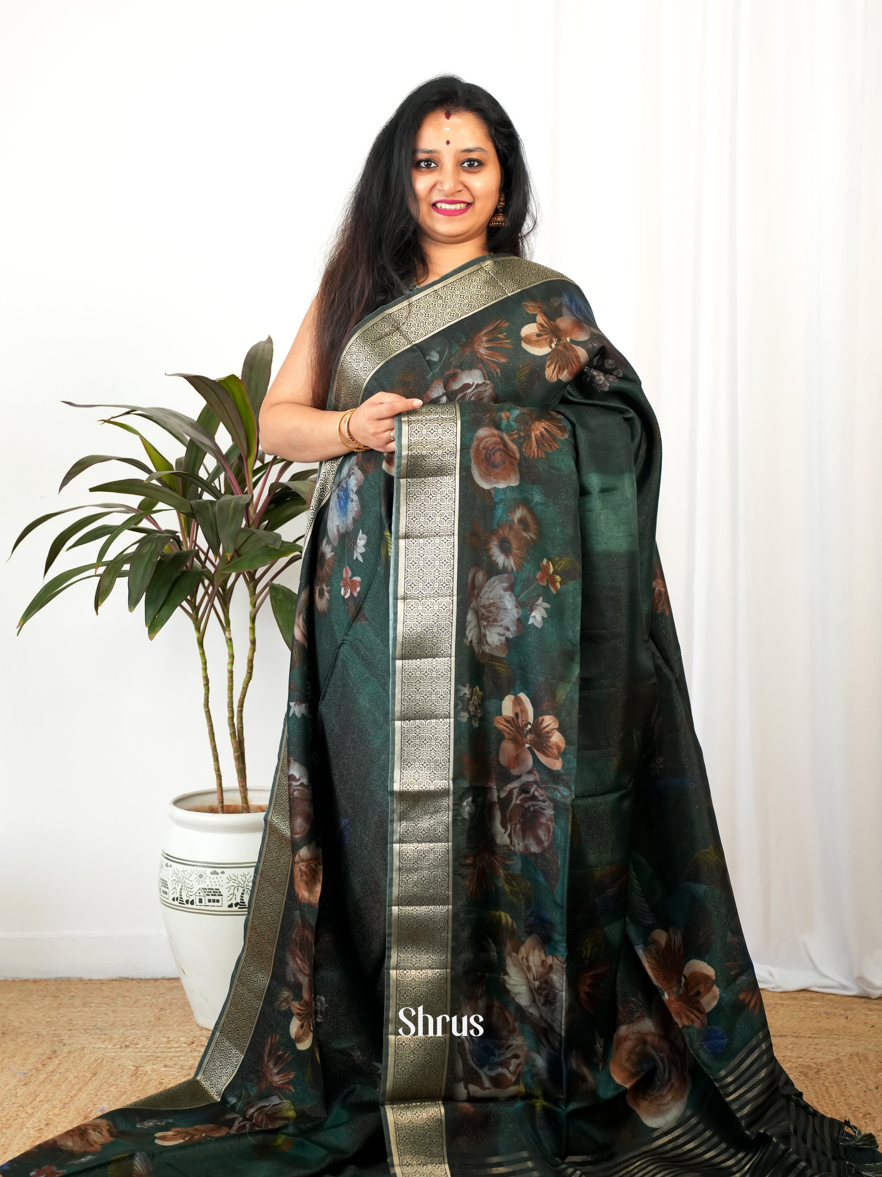 Green - Printed chanderi Saree - Shop on Shrus.com