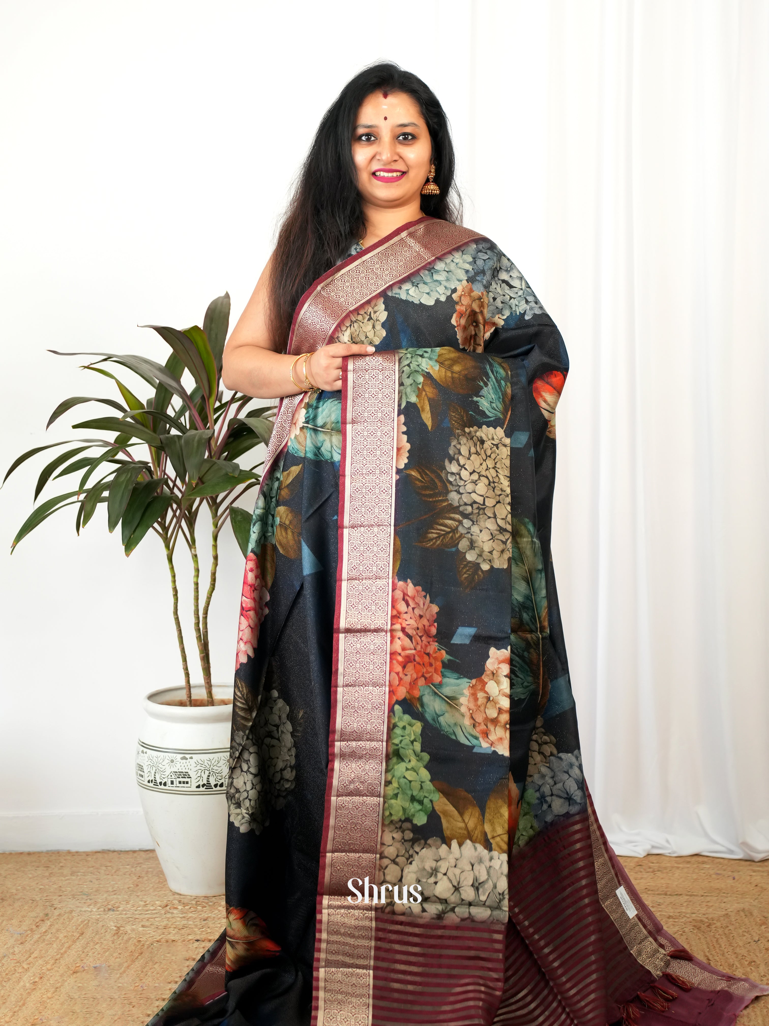 Blue & Maroon - Printed chanderi Saree