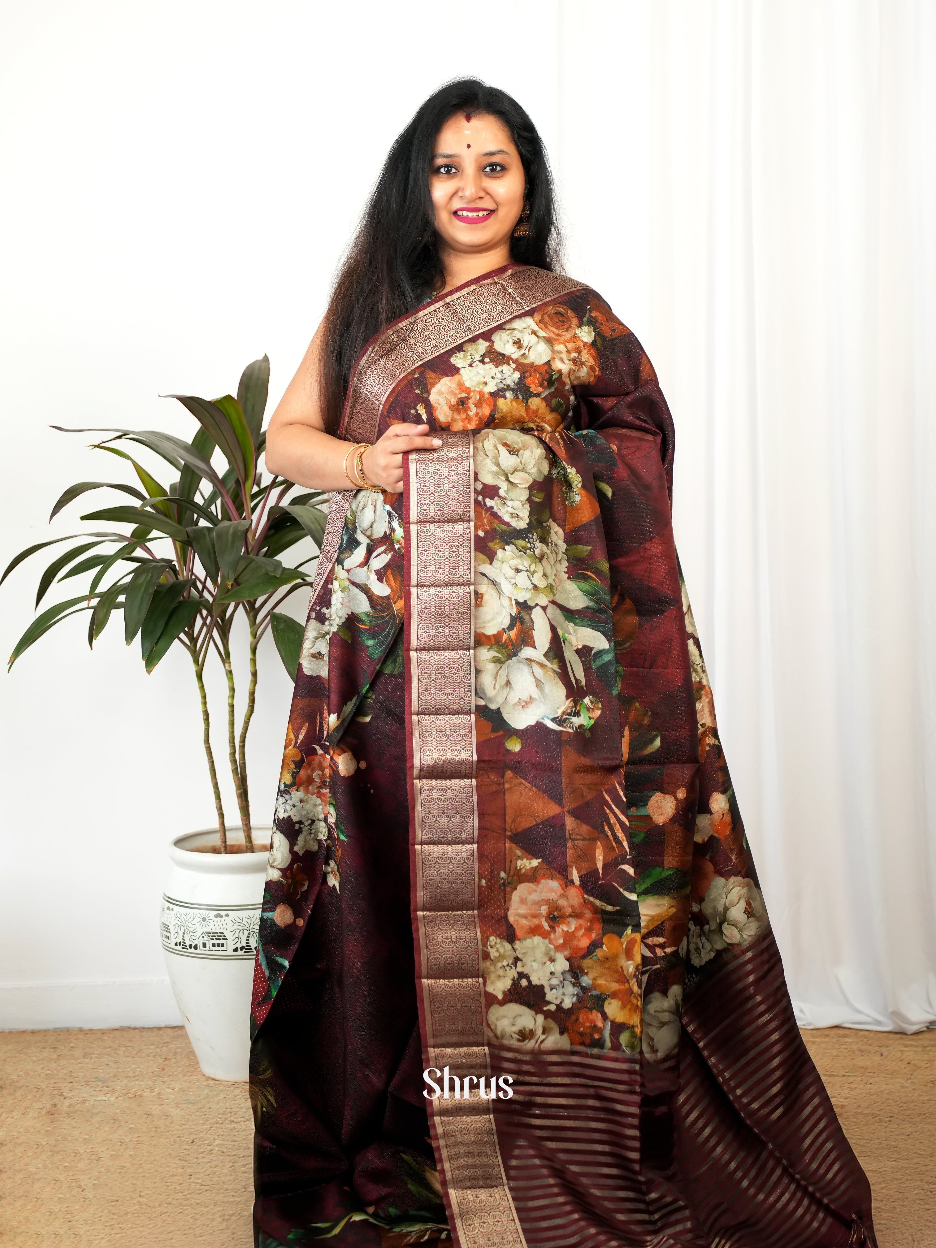 Brown - Printed chanderi Saree - Shop on Shrus.com