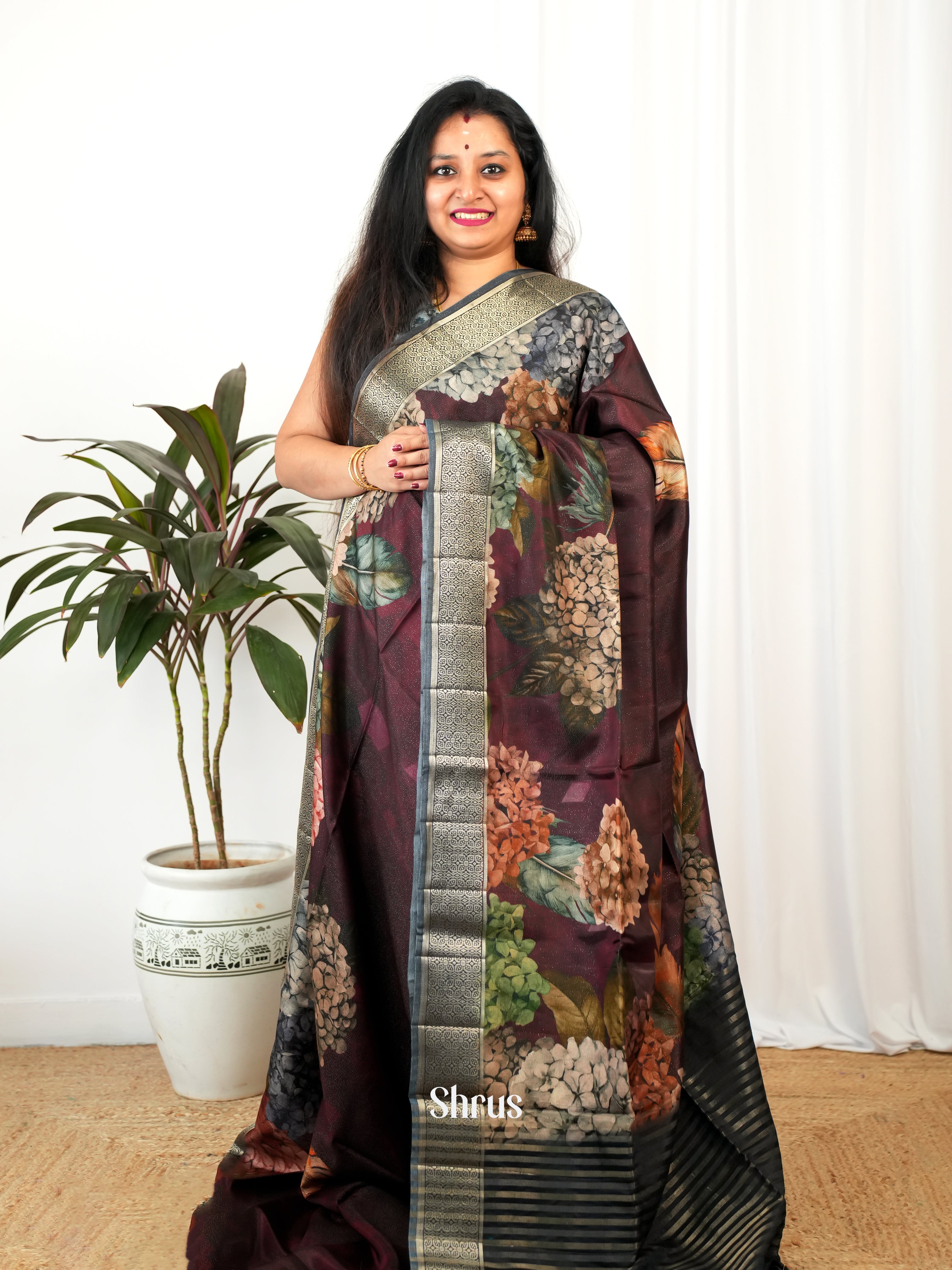 Wine & Grey - Printed chanderi Saree - Shop on Shrus.com