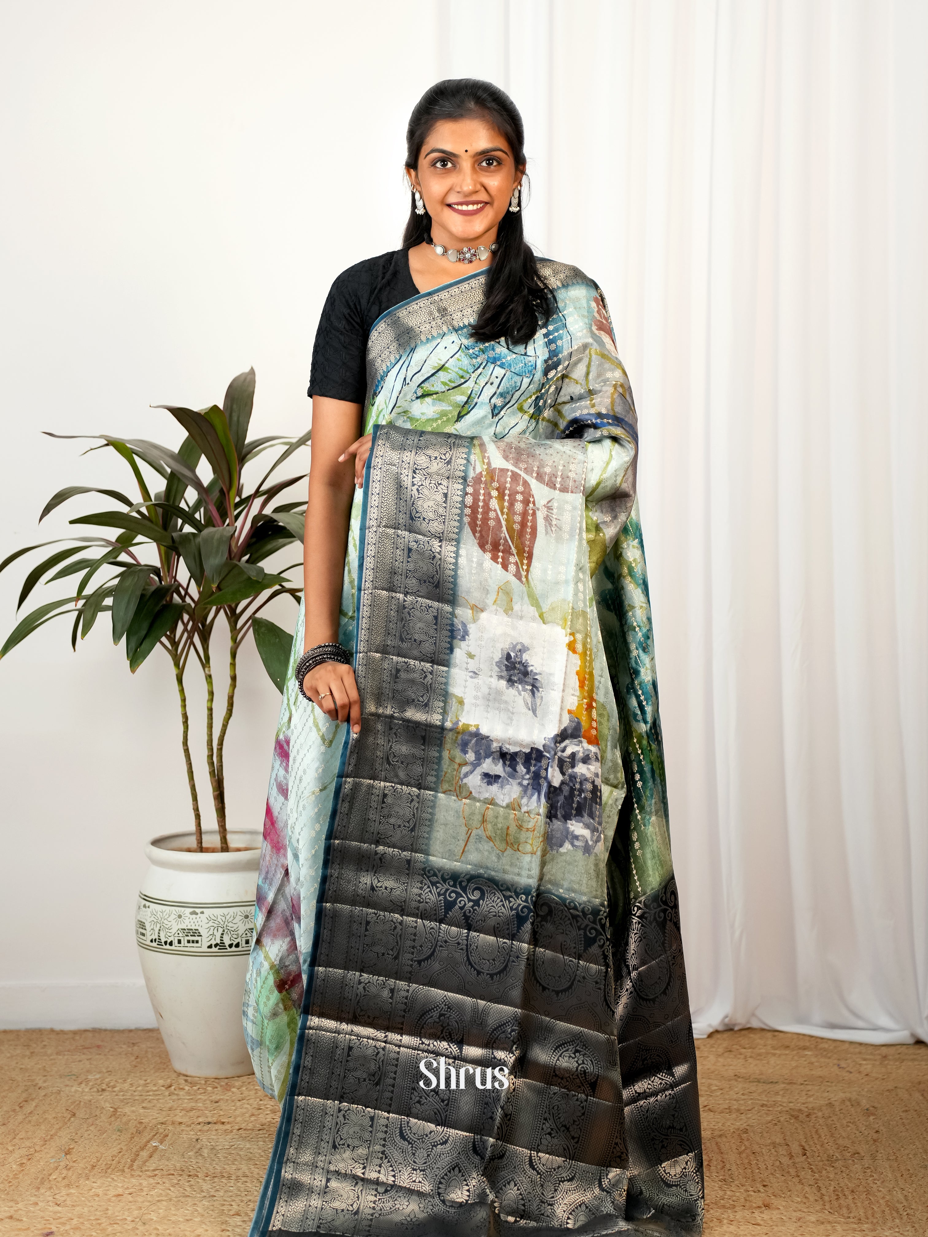 Lite Blue & Blue - Printed chanderi Saree