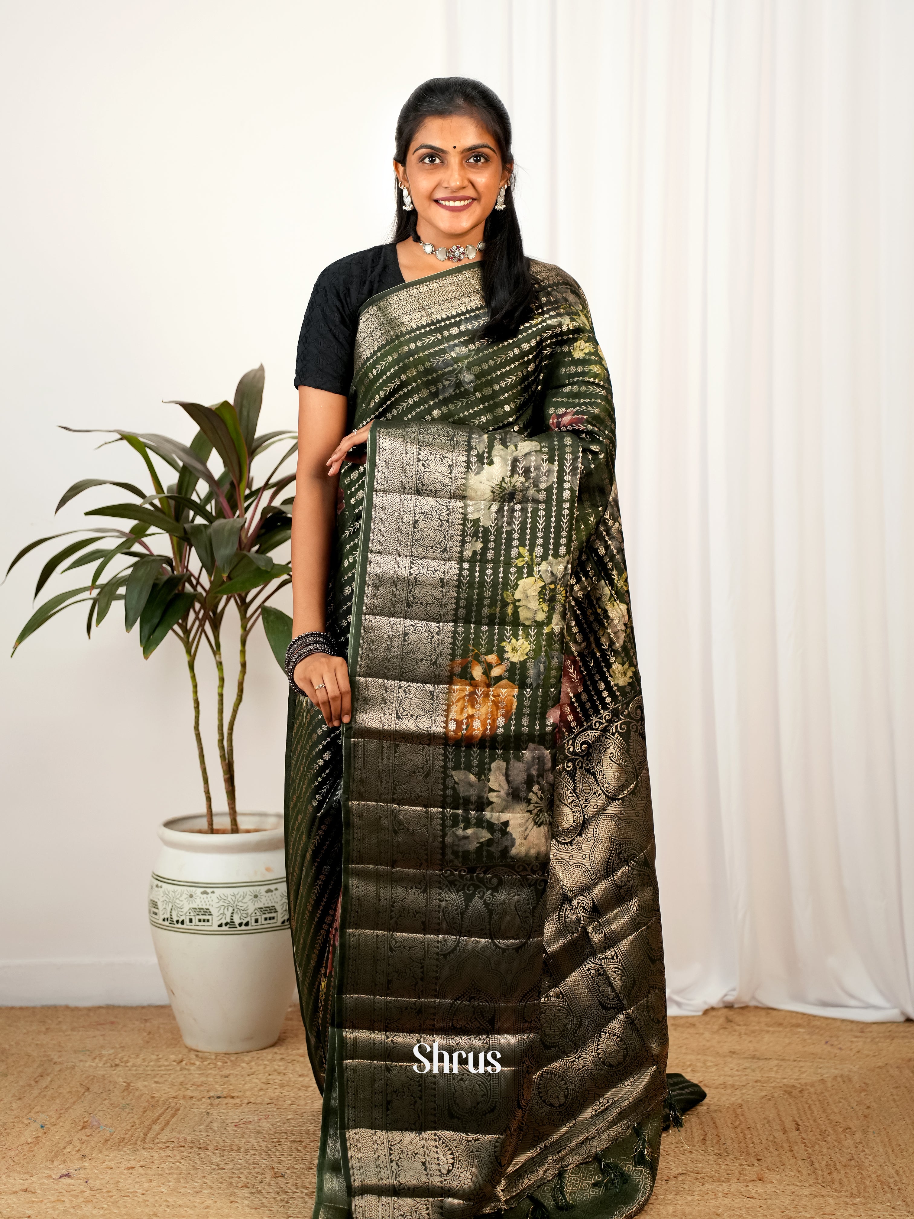 Green lined - Printed chanderi Saree