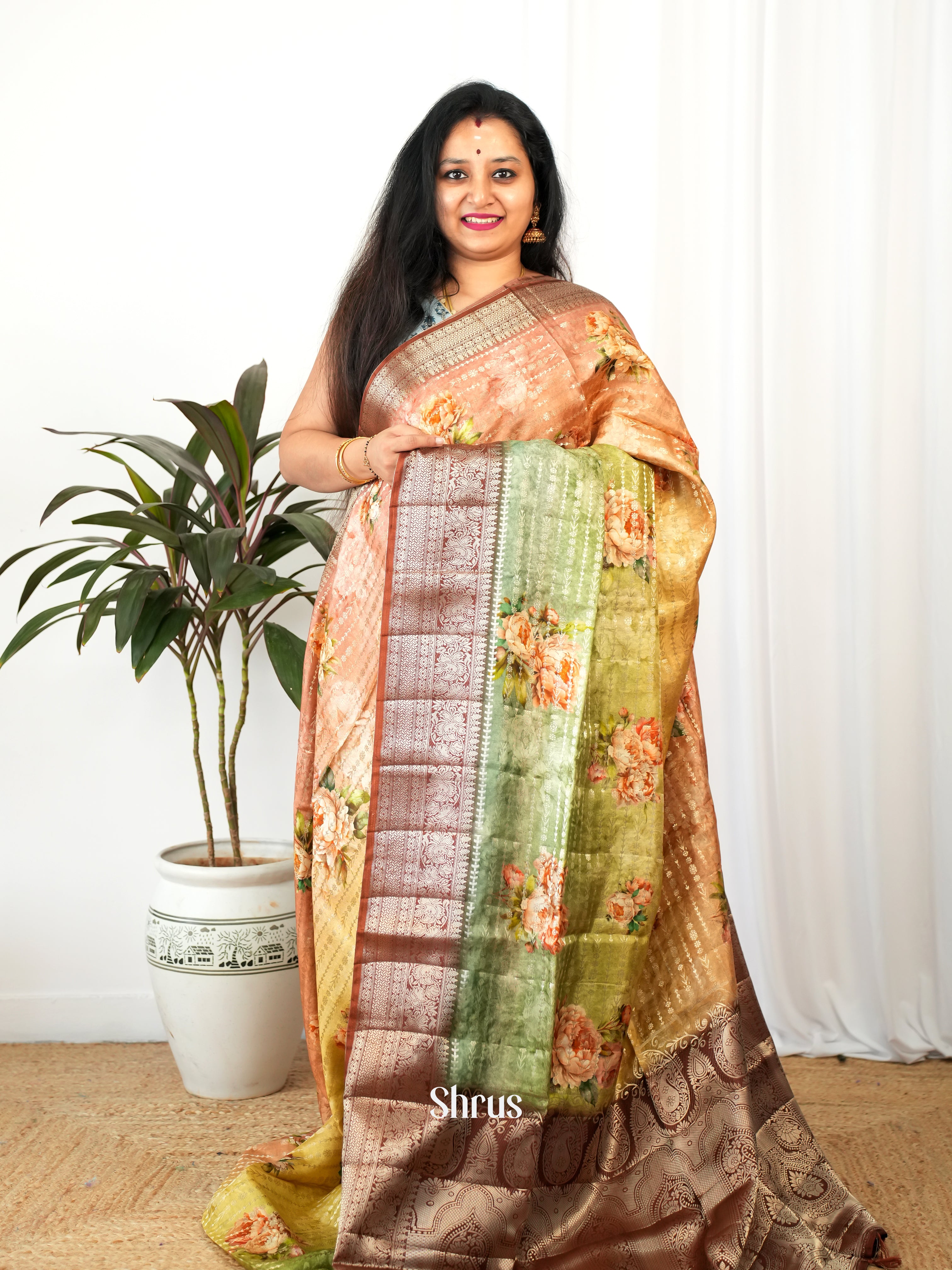 Brown & Green- Printed chanderi Saree - Shop on Shrus.com