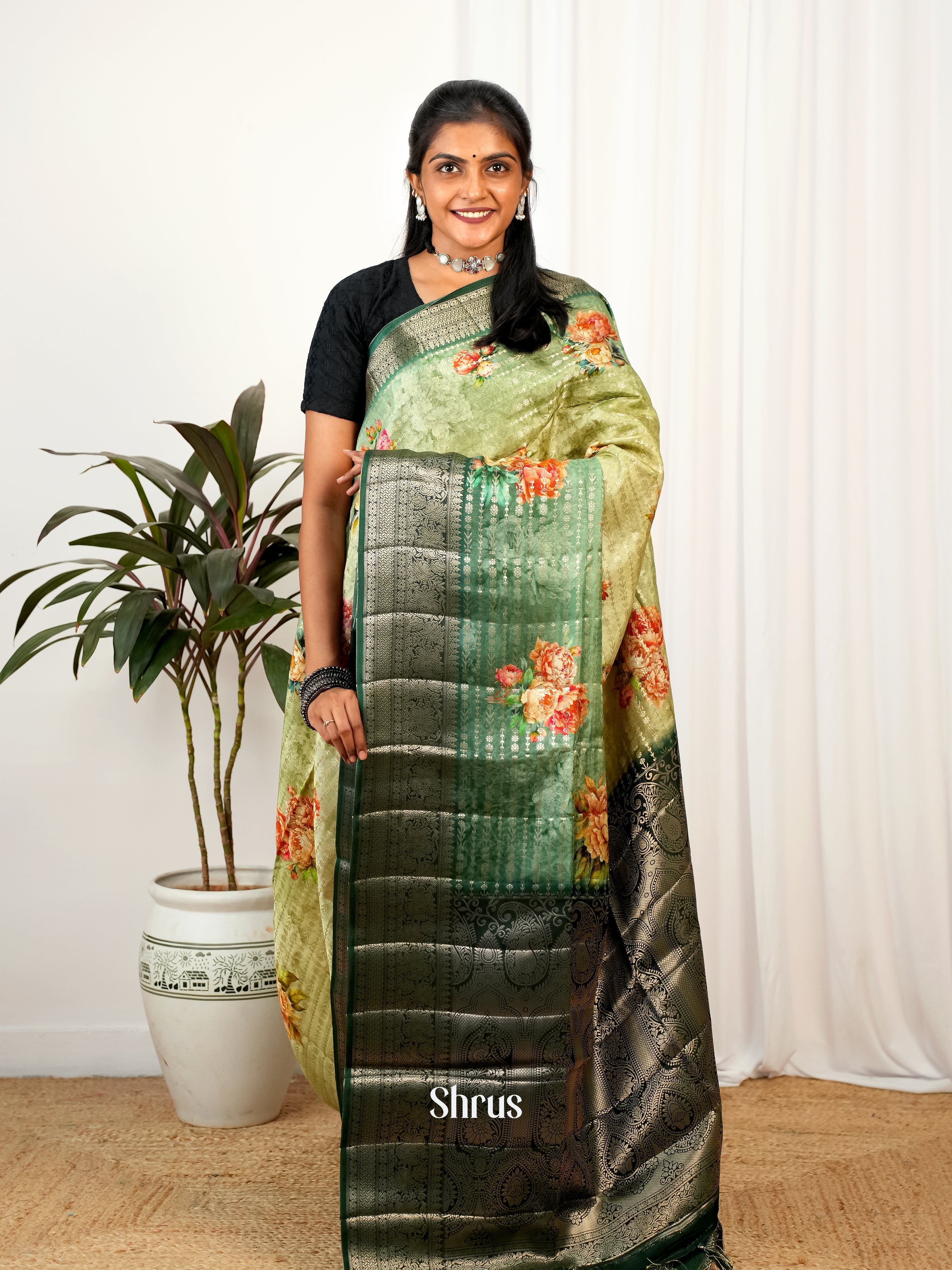 Lite Green & Green- Printed chanderi Saree