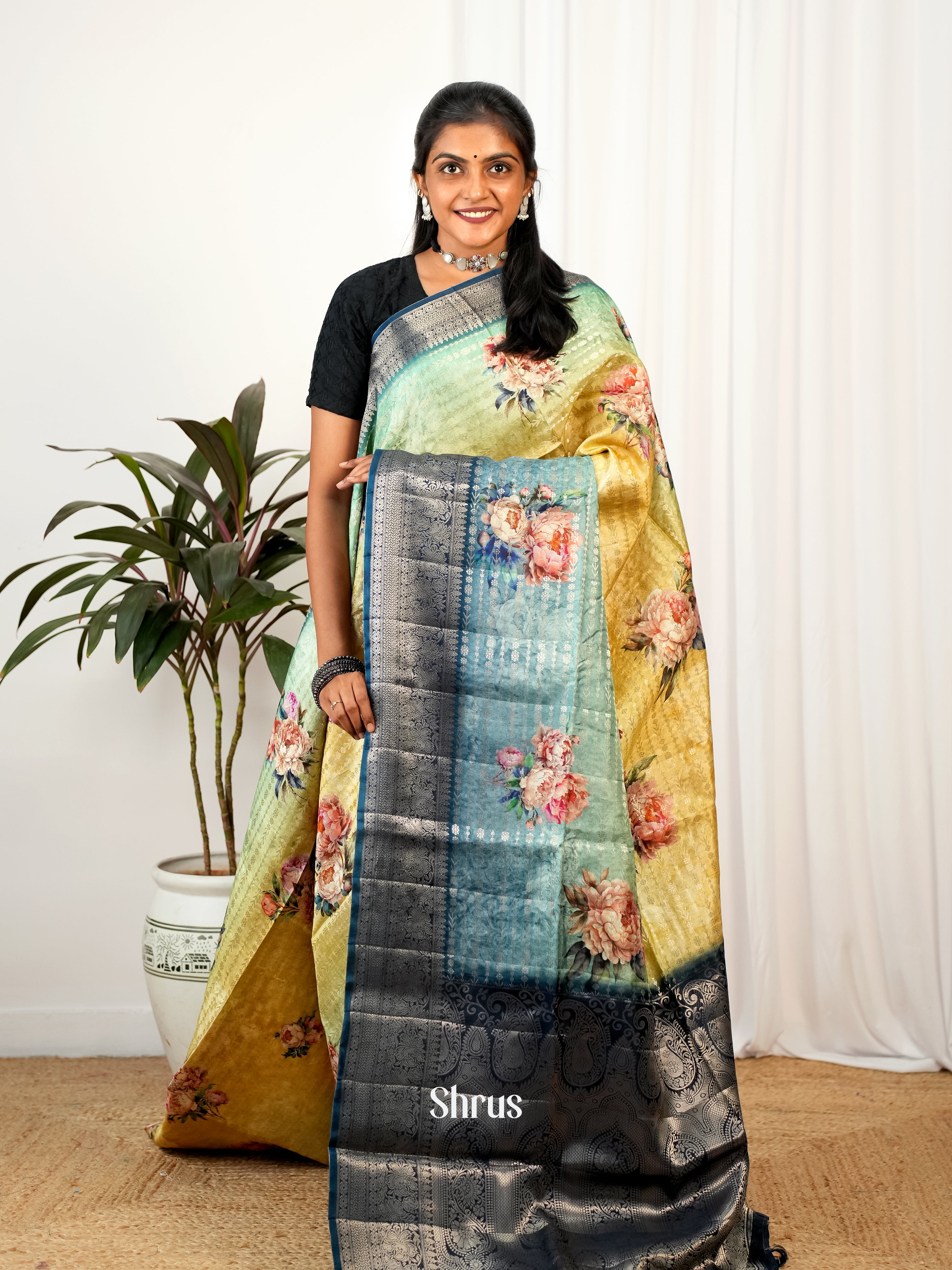 Green , Mustard & Blue - Printed chanderi Saree