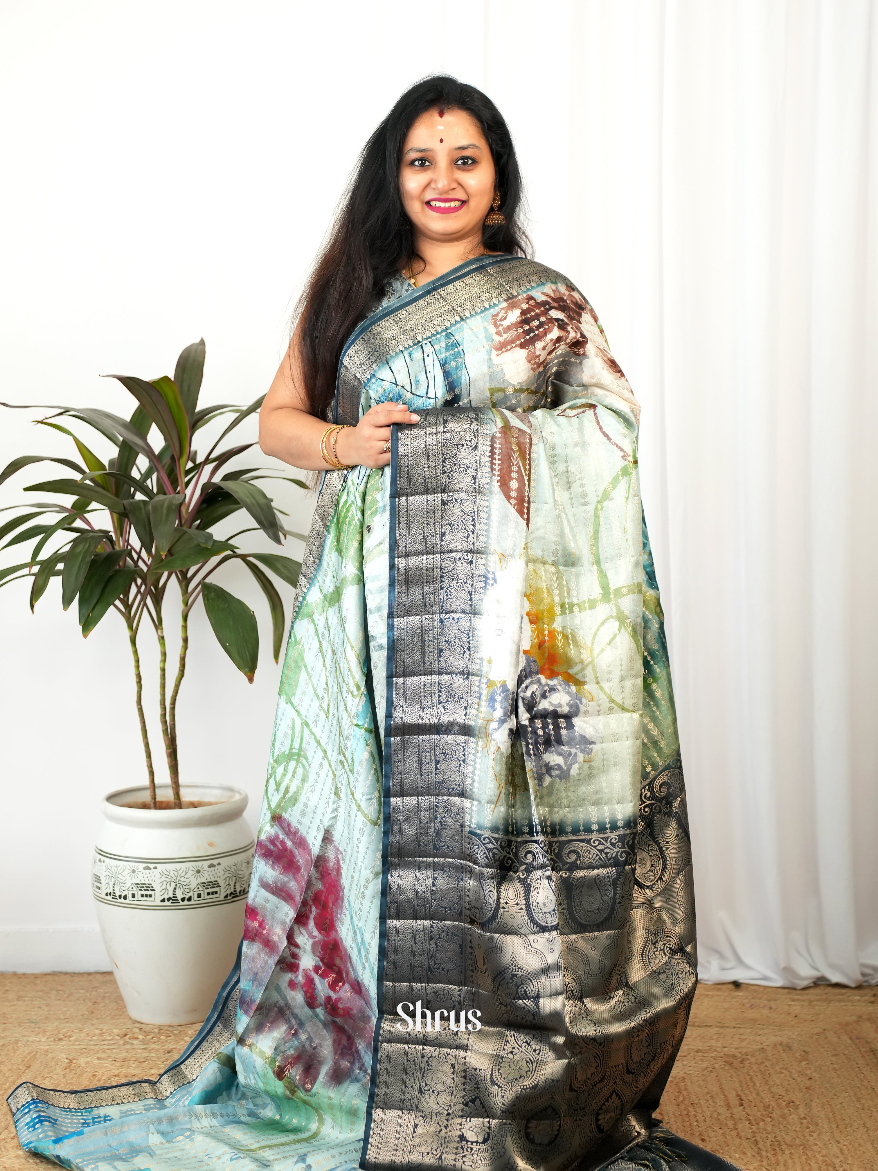 Blue & Green - Printed chanderi Saree - Shop on Shrus.com