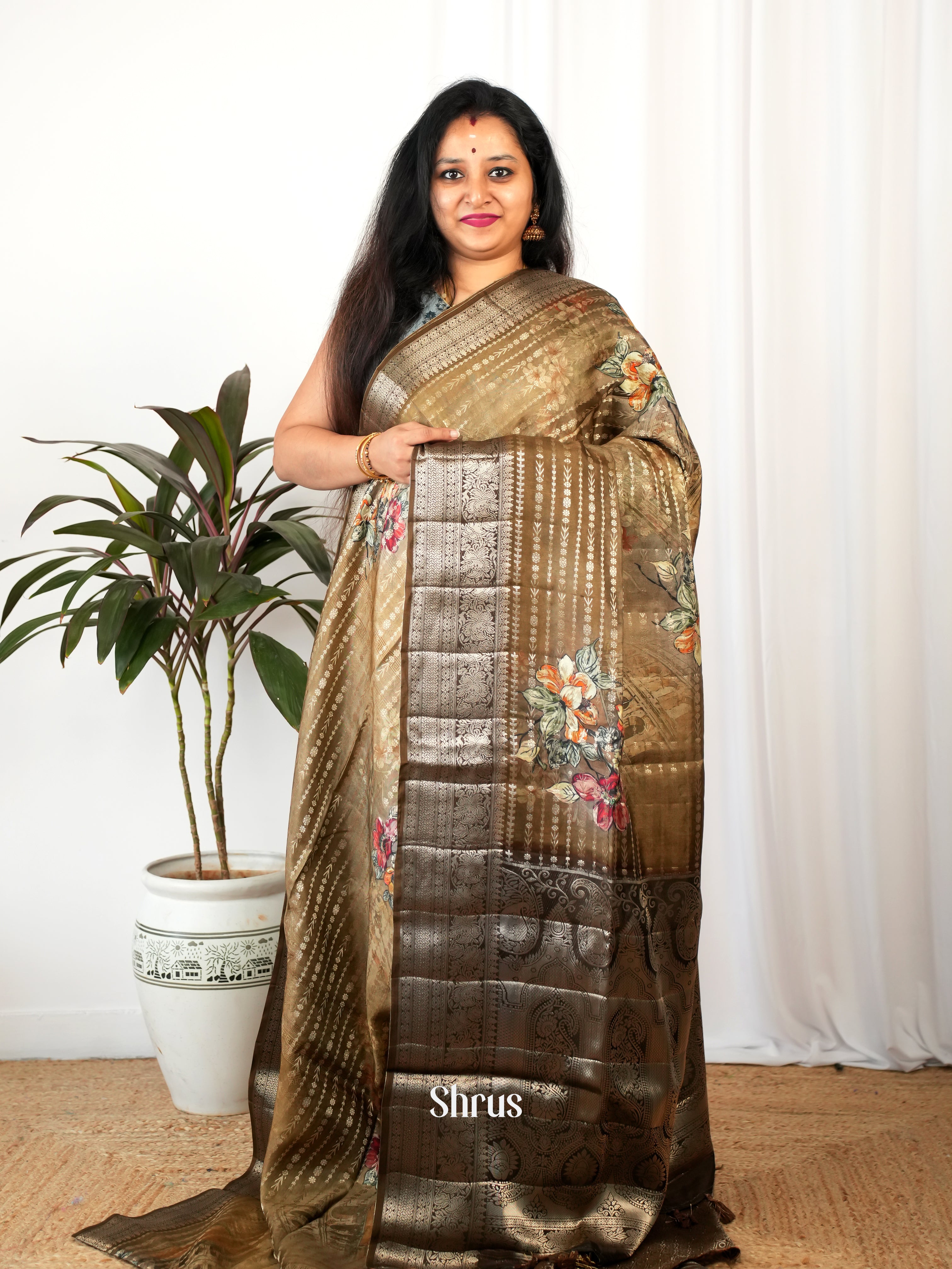 Brown - Printed chanderi Saree - Shop on Shrus.com