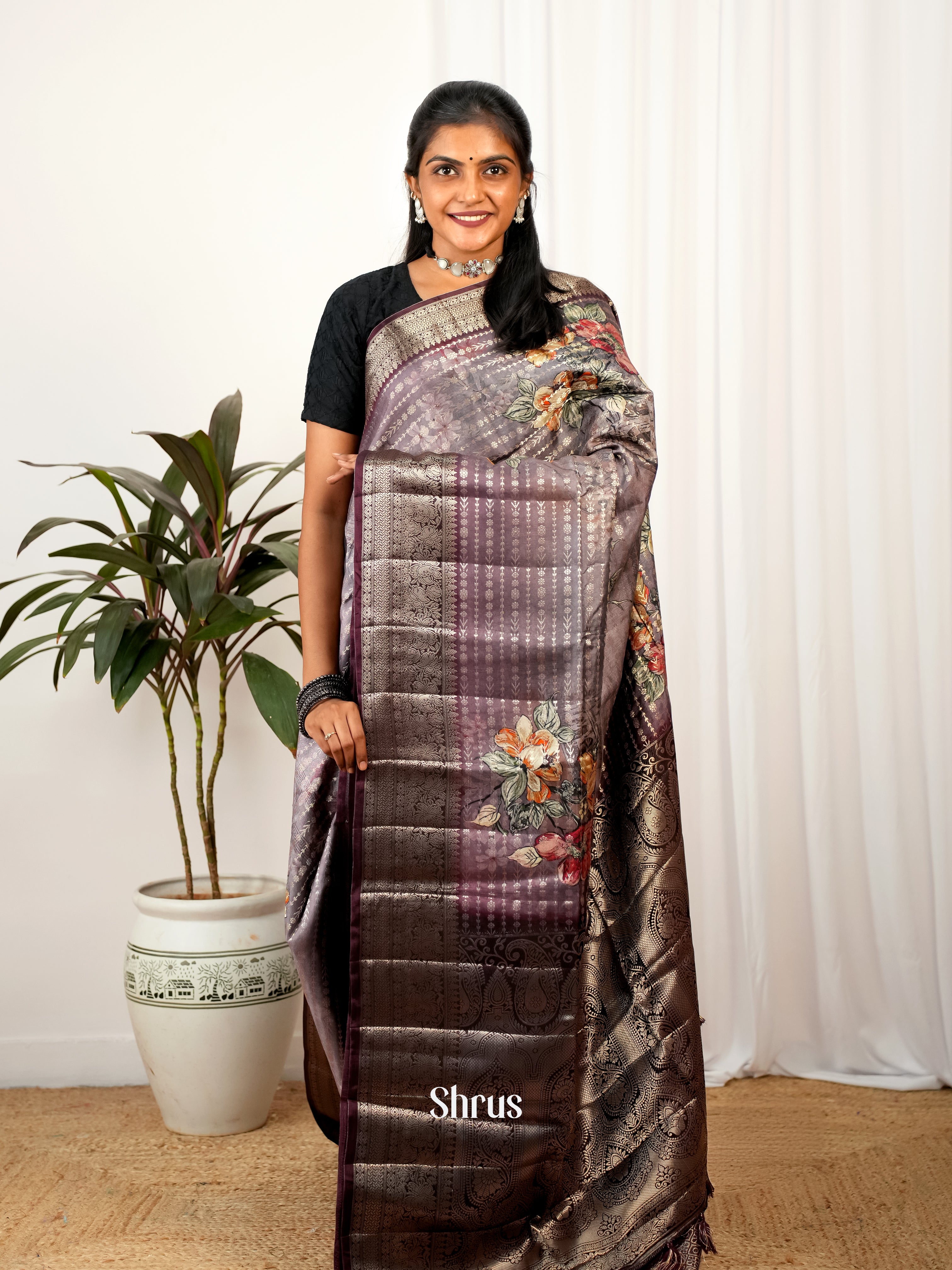 Purple - Printed chanderi Saree