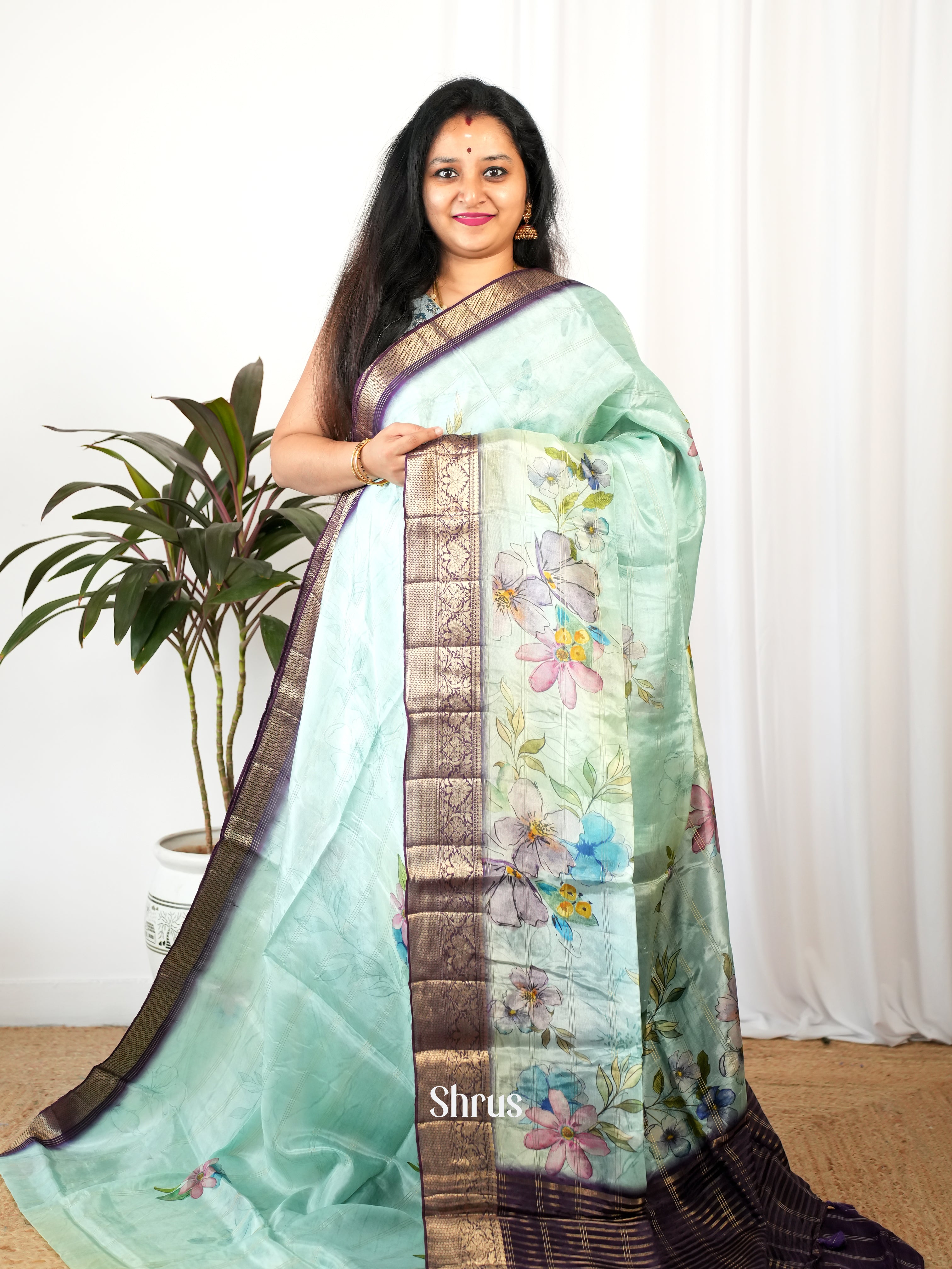Green & Violet - Printed chanderi Saree - Shop on Shrus.com