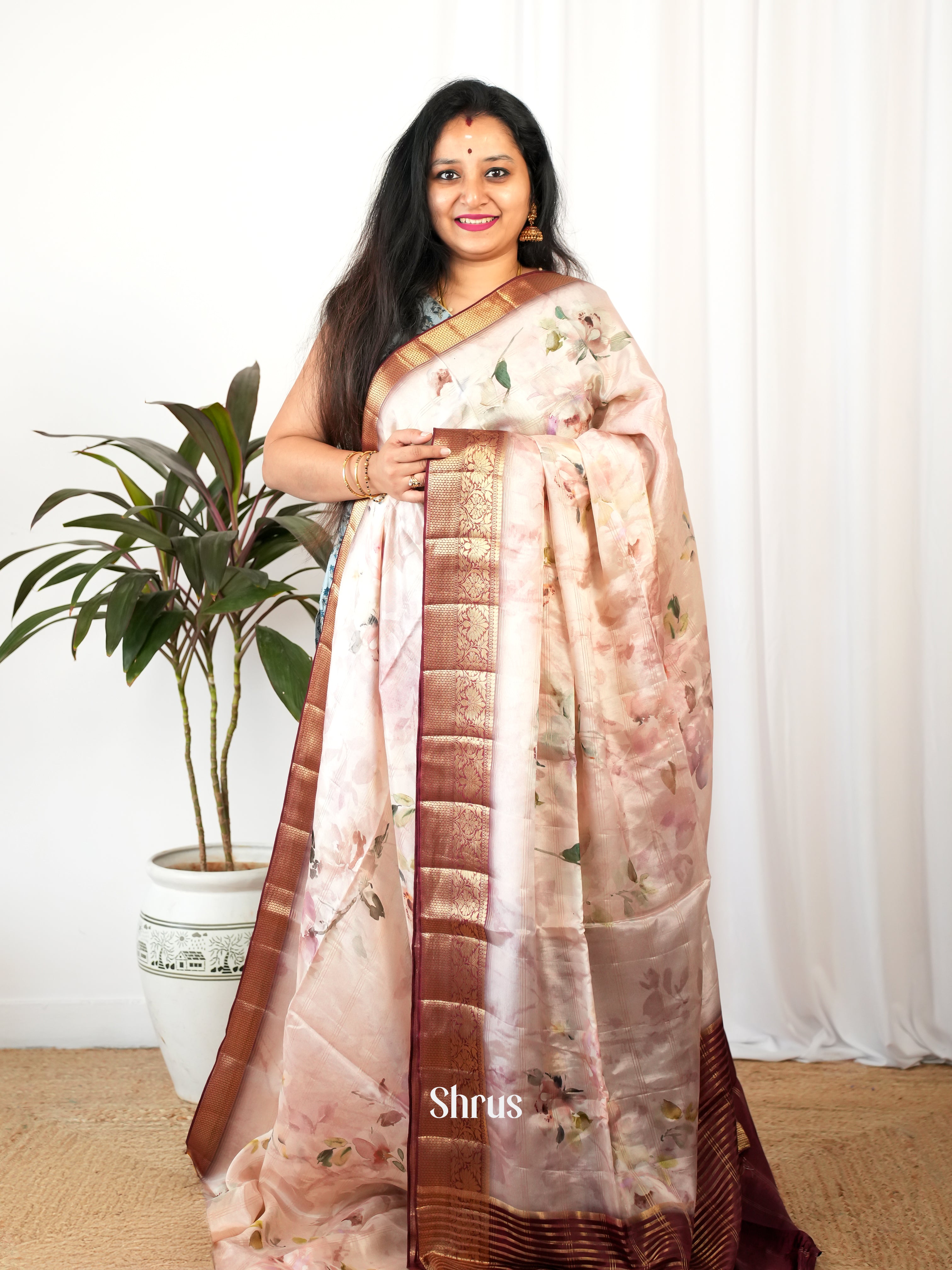 Mild Pink & Brown- Printed chanderi Saree