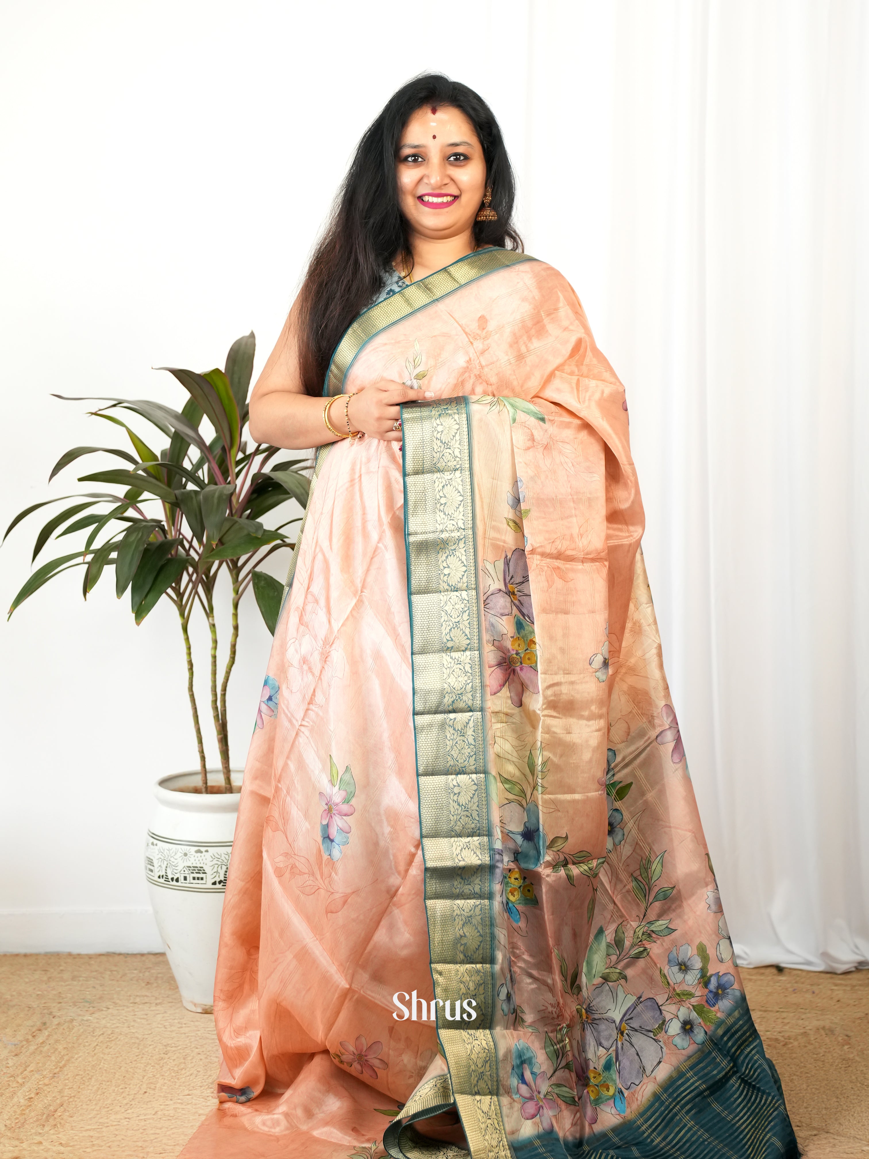 Peach & Blue - Printed chanderi Saree