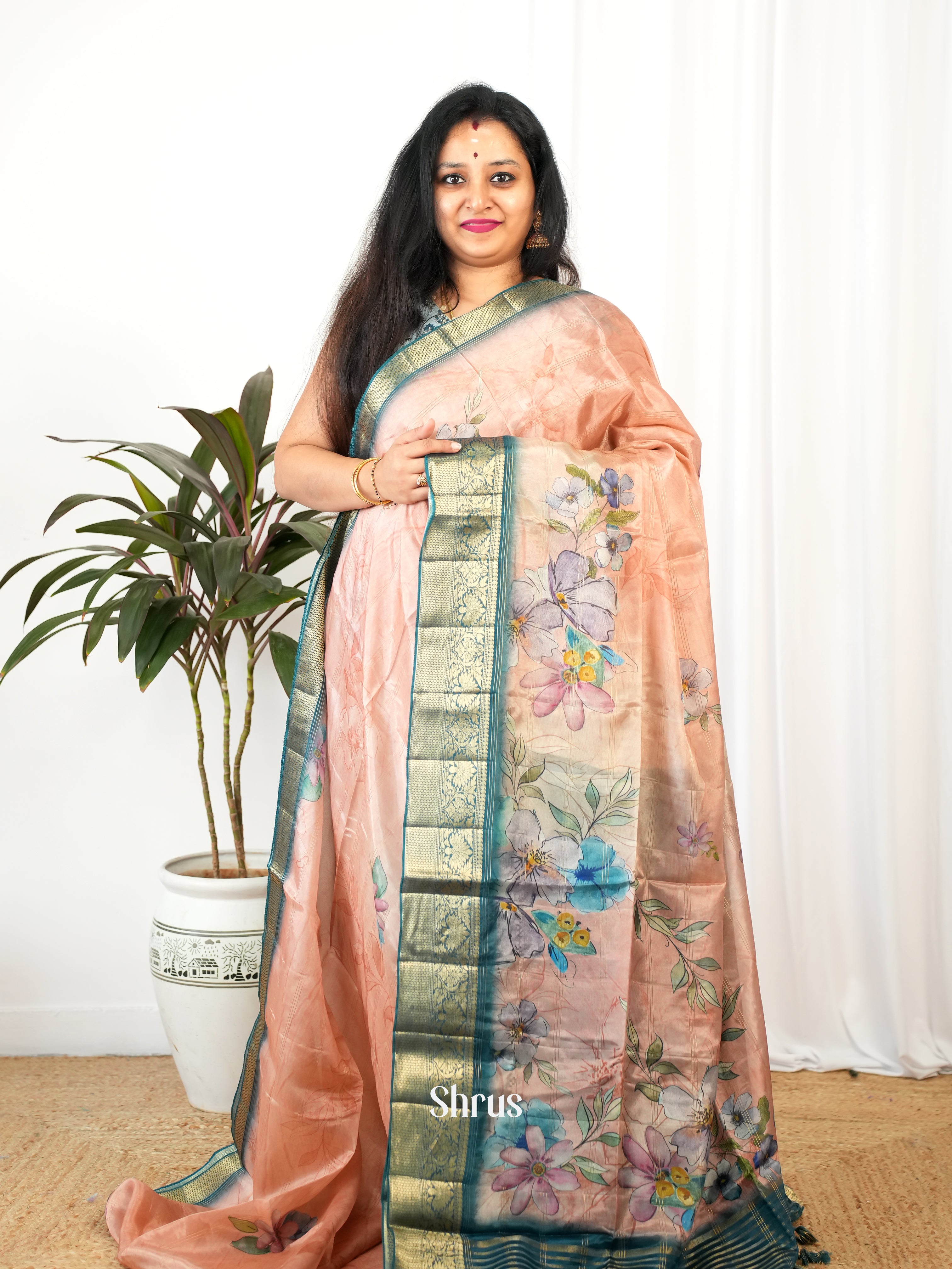 Peachish Pink & Blue - Printed chanderi Saree