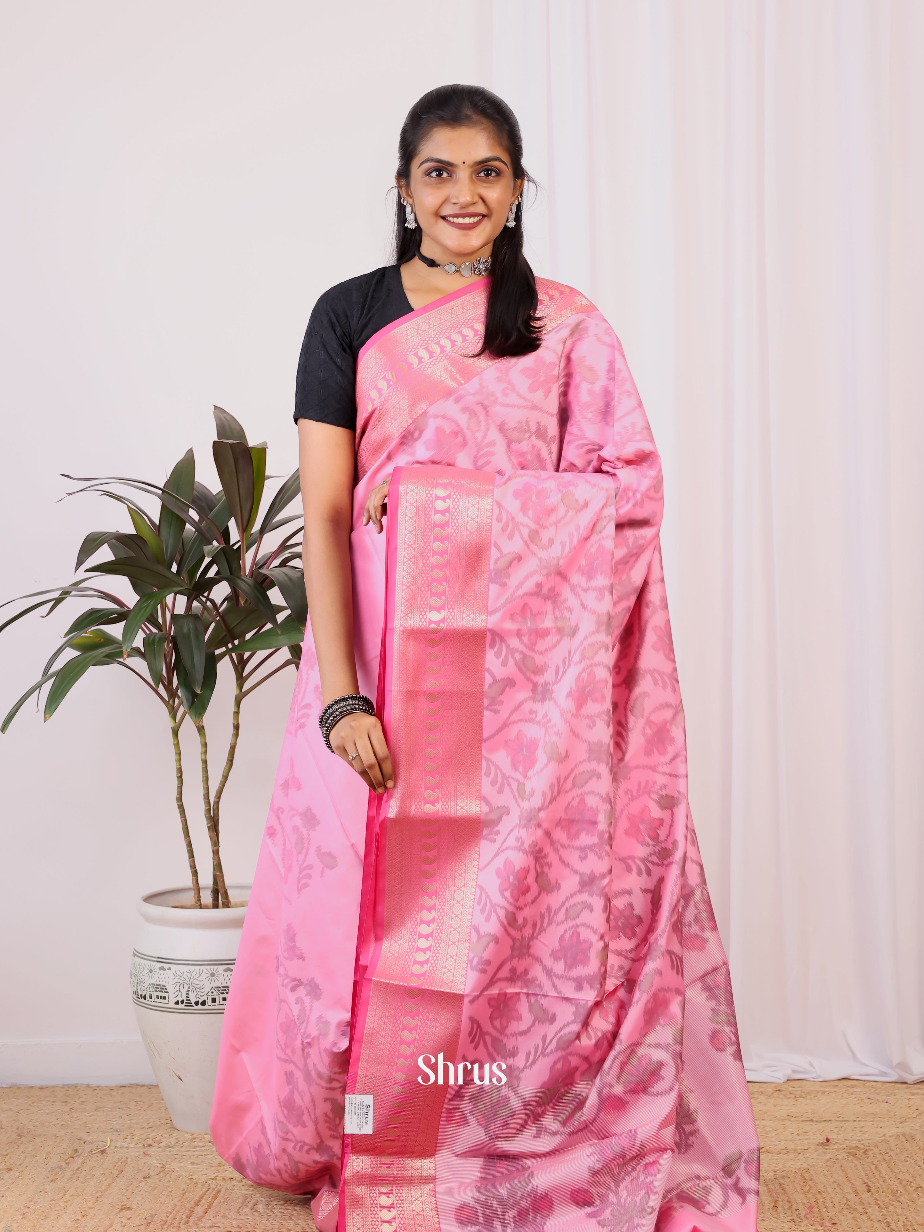 Pink - Semi Ikkat Saree - Shop on Shrus.com