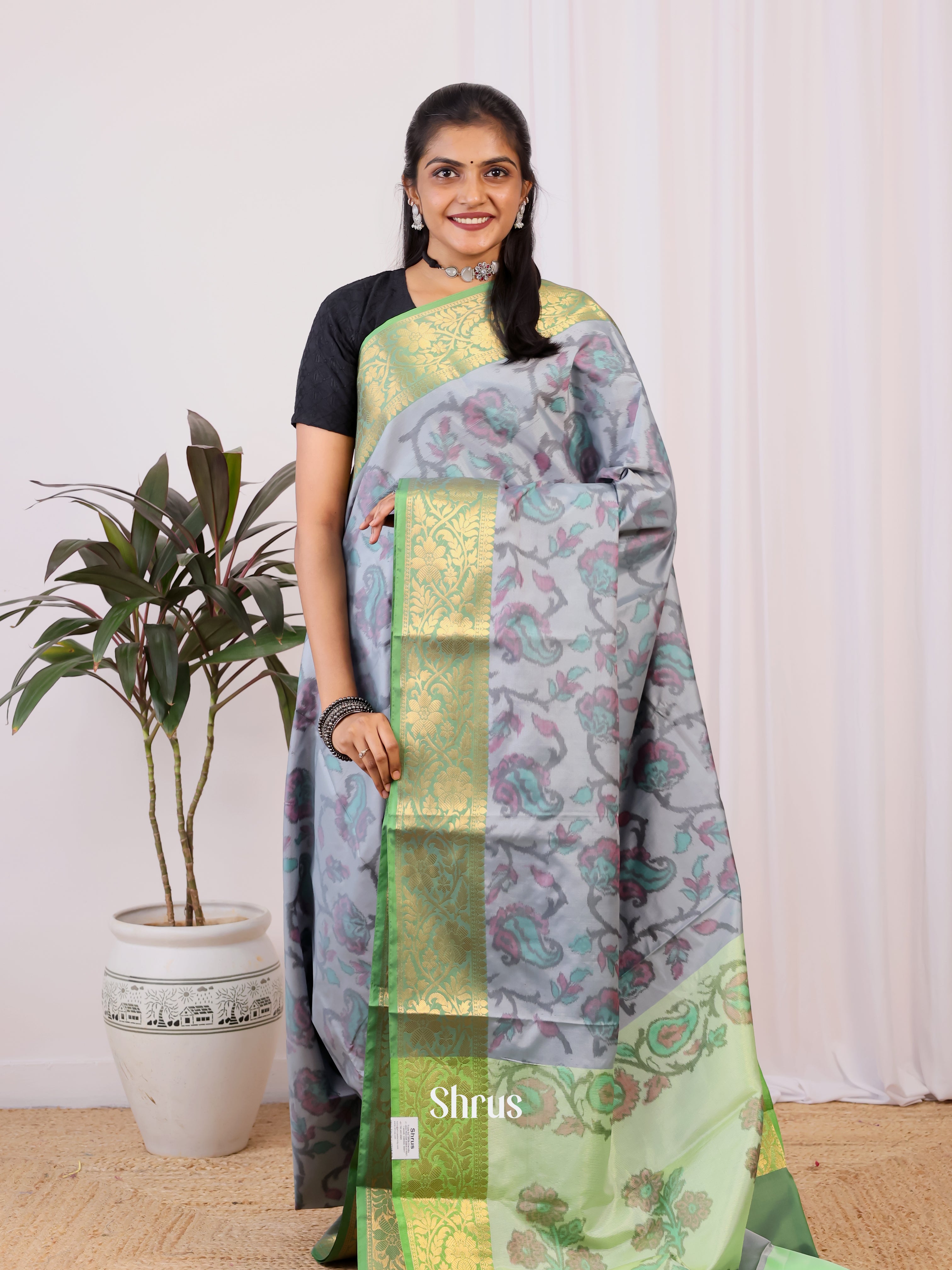 Purple & Pista Green - Semi Ikkat Saree - Shop on Shrus.com