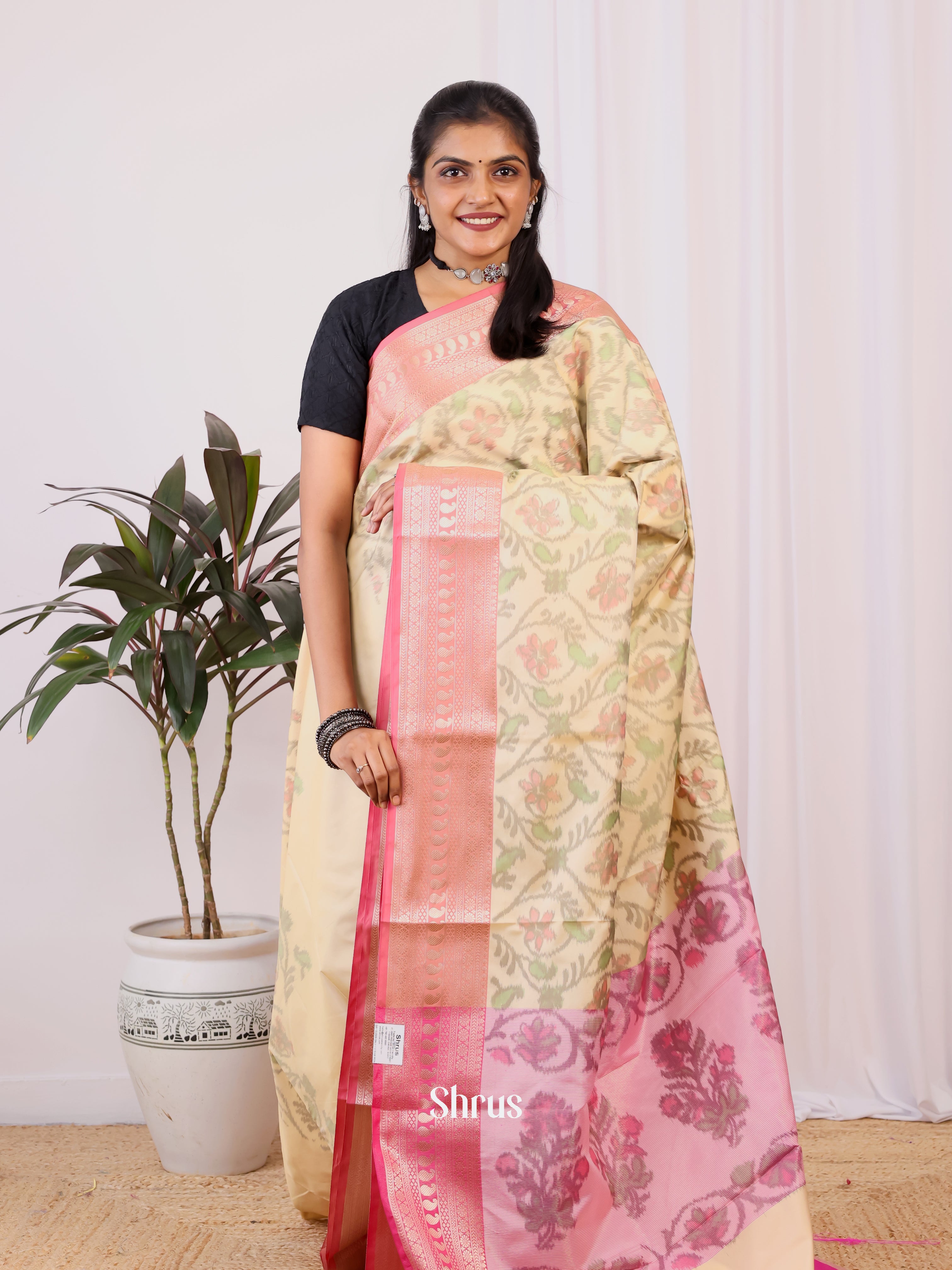 Pale Yellow & Pink- Semi Ikkat Saree - Shop on Shrus.com