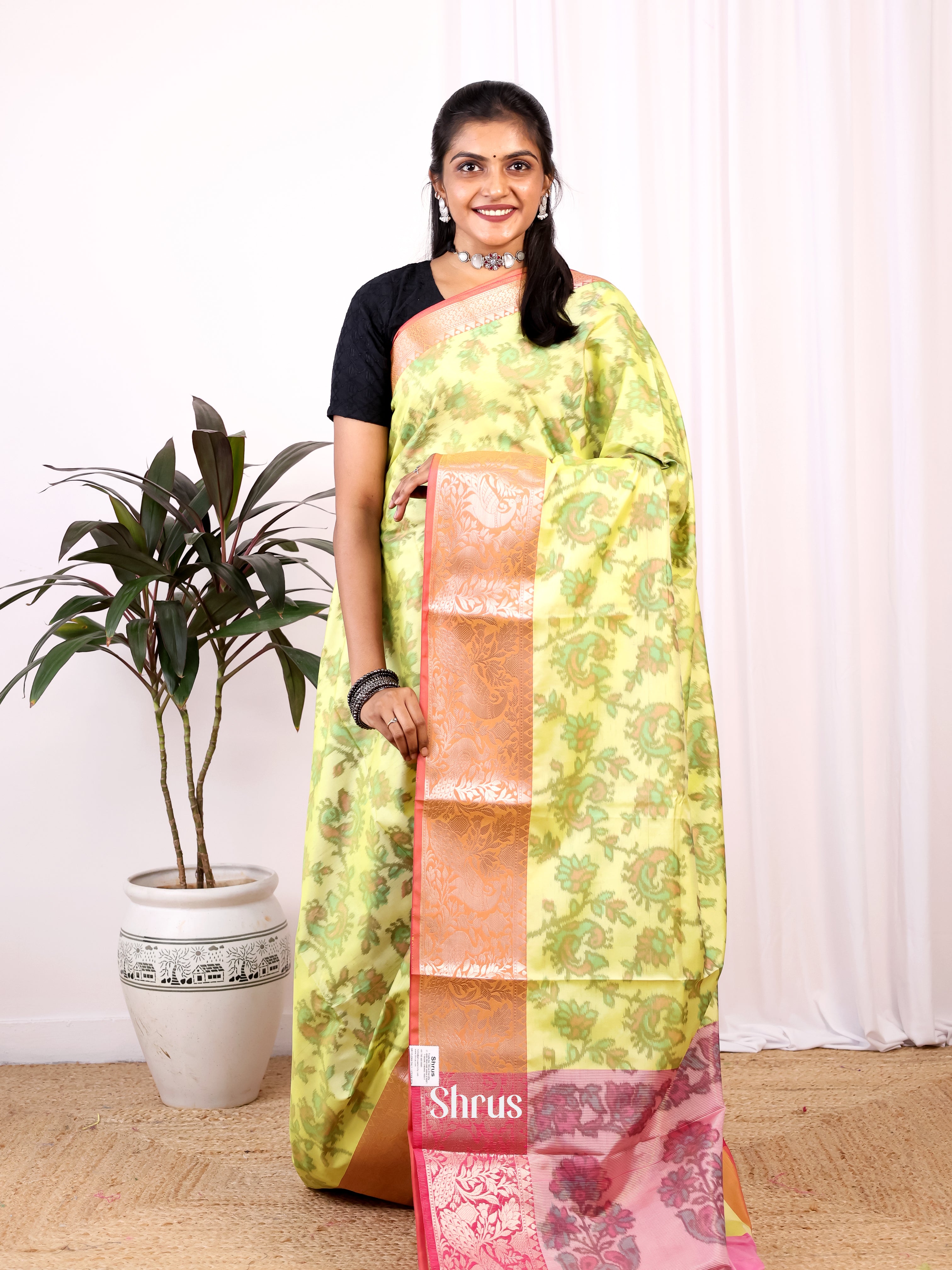 Green & Pink- Semi Ikkat Saree - Shop on Shrus.com
