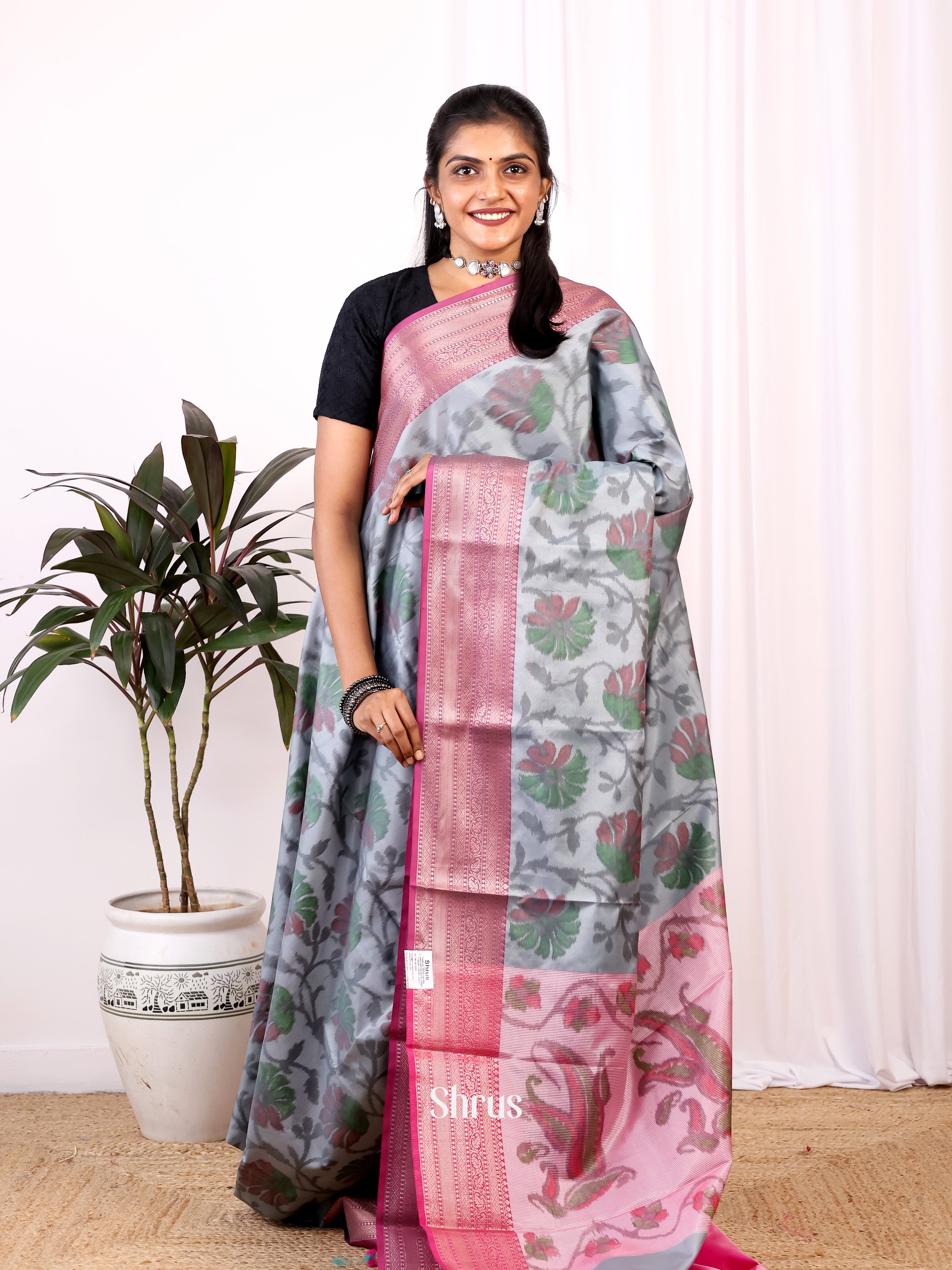 Grey & Pink - Semi Ikkat Saree - Shop on Shrus.com