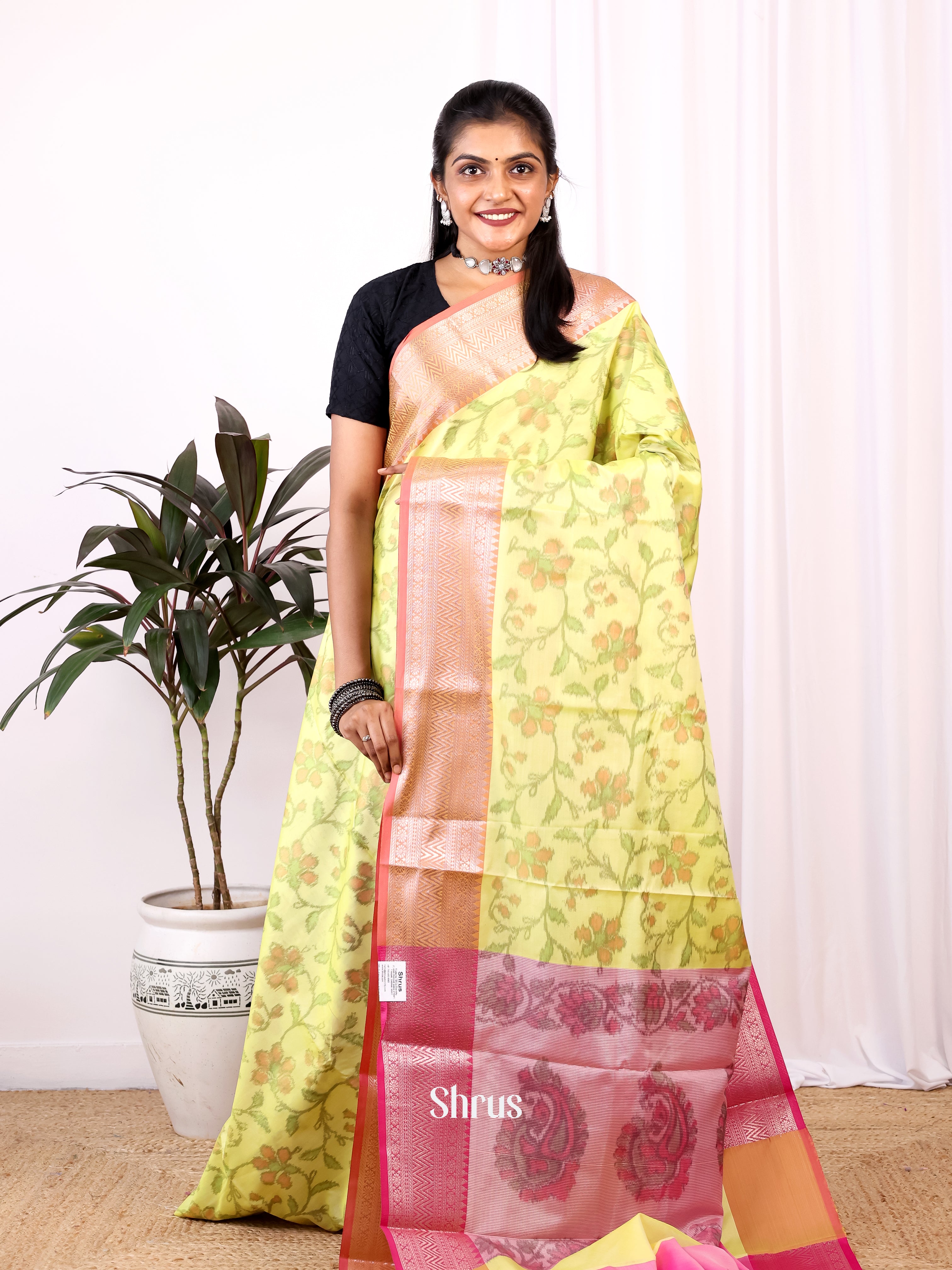 Yellowish Green & Pink - Semi Ikkat Saree - Shop on Shrus.com