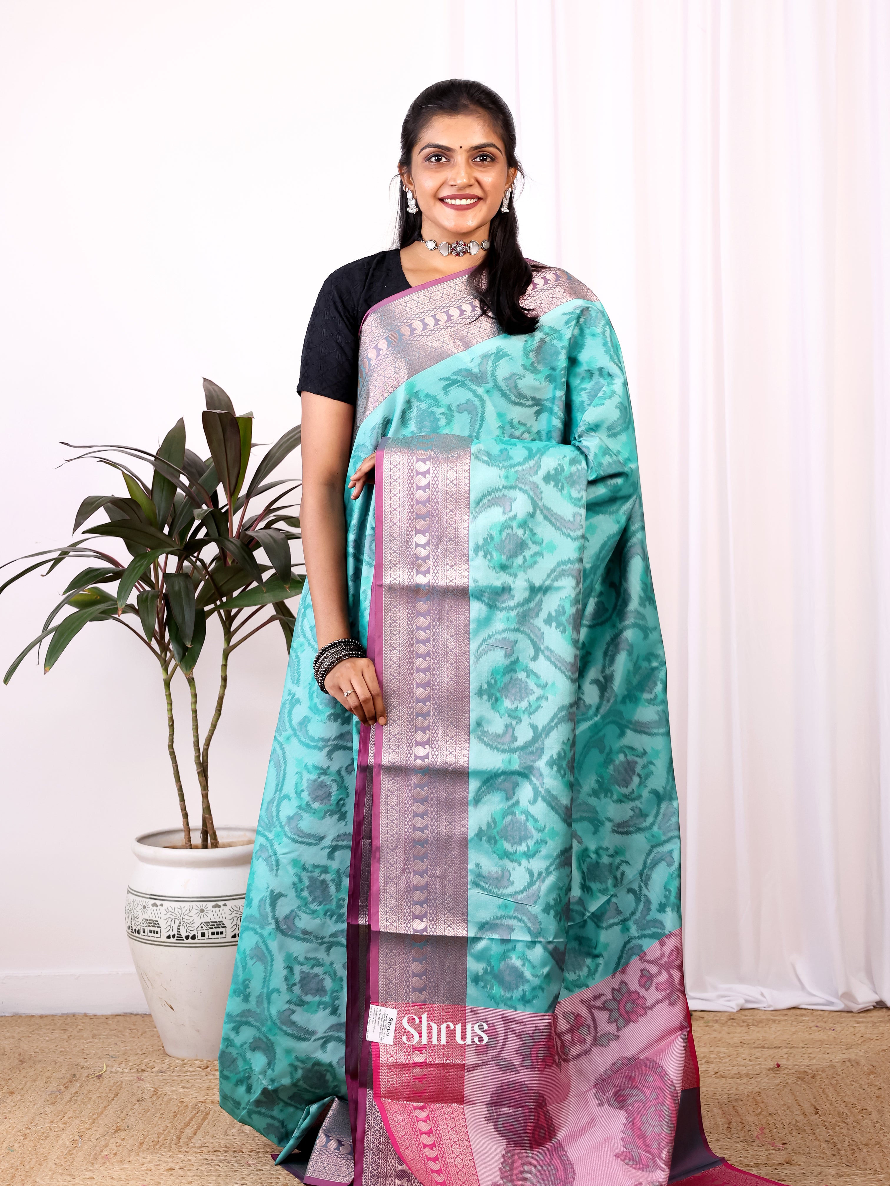 Blue & Pink- Semi Ikkat Saree - Shop on Shrus.com