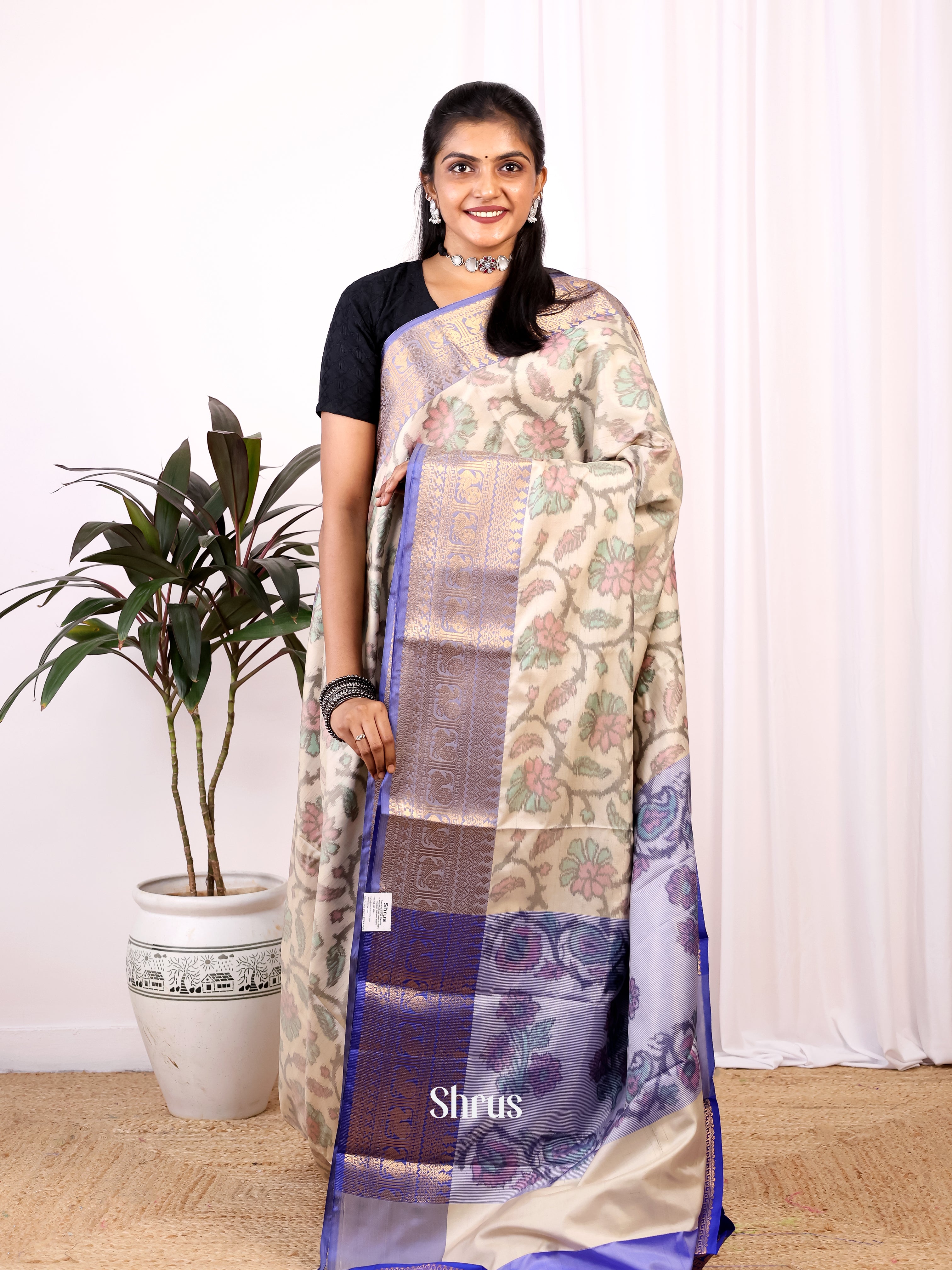 Cream & Purple - Semi Ikkat Saree - Shop on Shrus.com