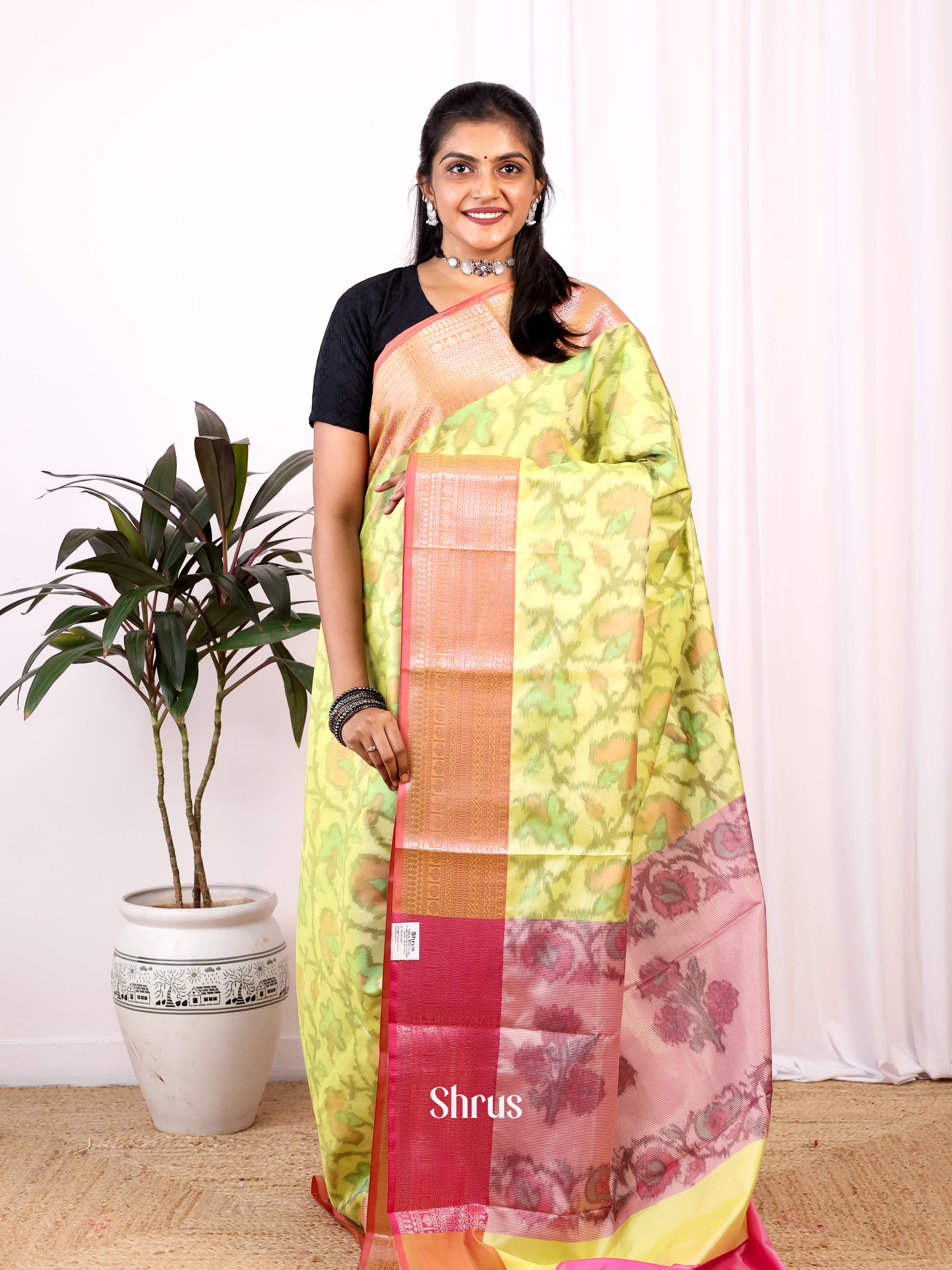 Lime green & Pink - Semi Ikkat Saree - Shop on Shrus.com