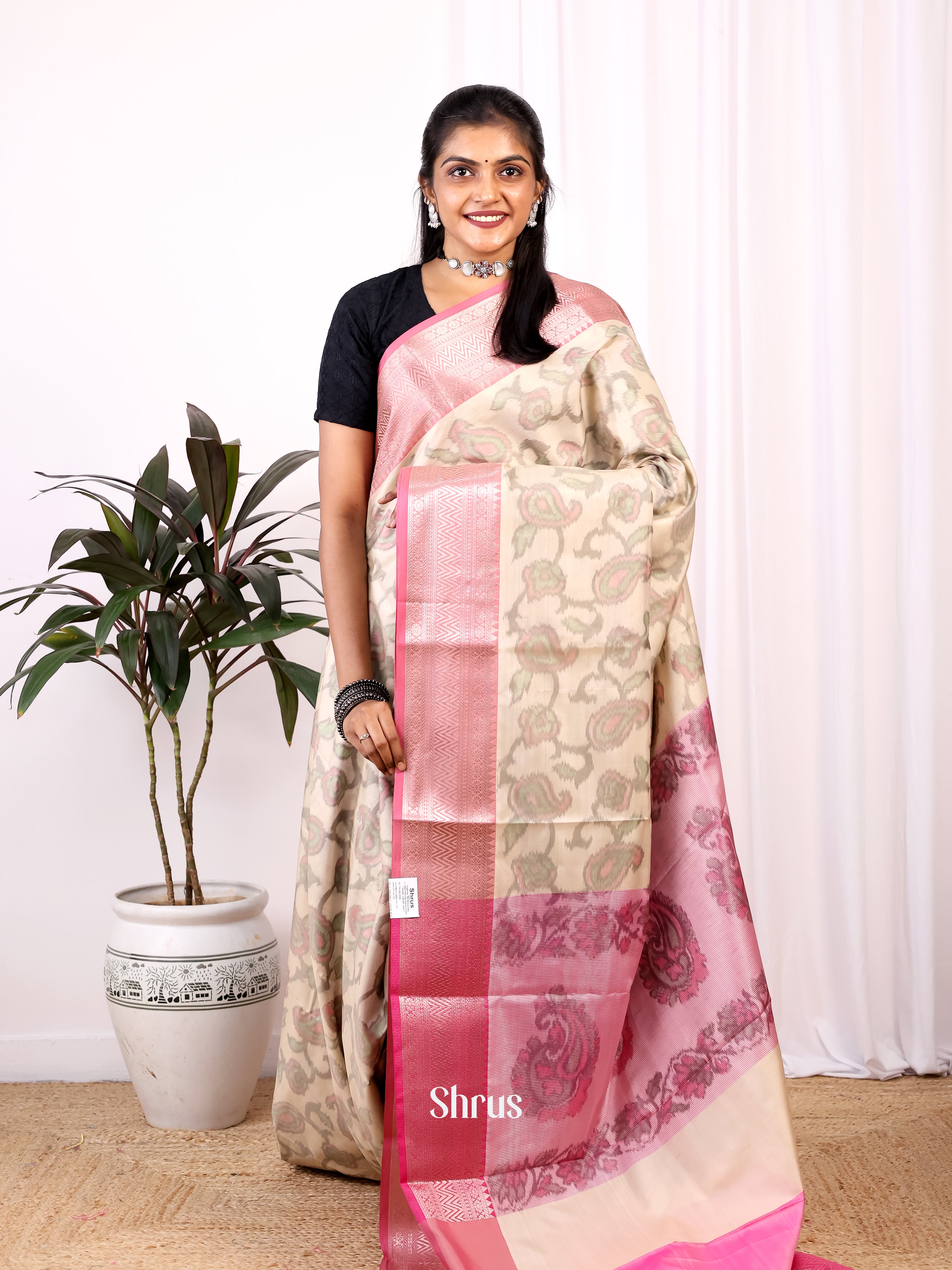 Cream & Pink - Semi Ikkat Saree - Shop on Shrus.com