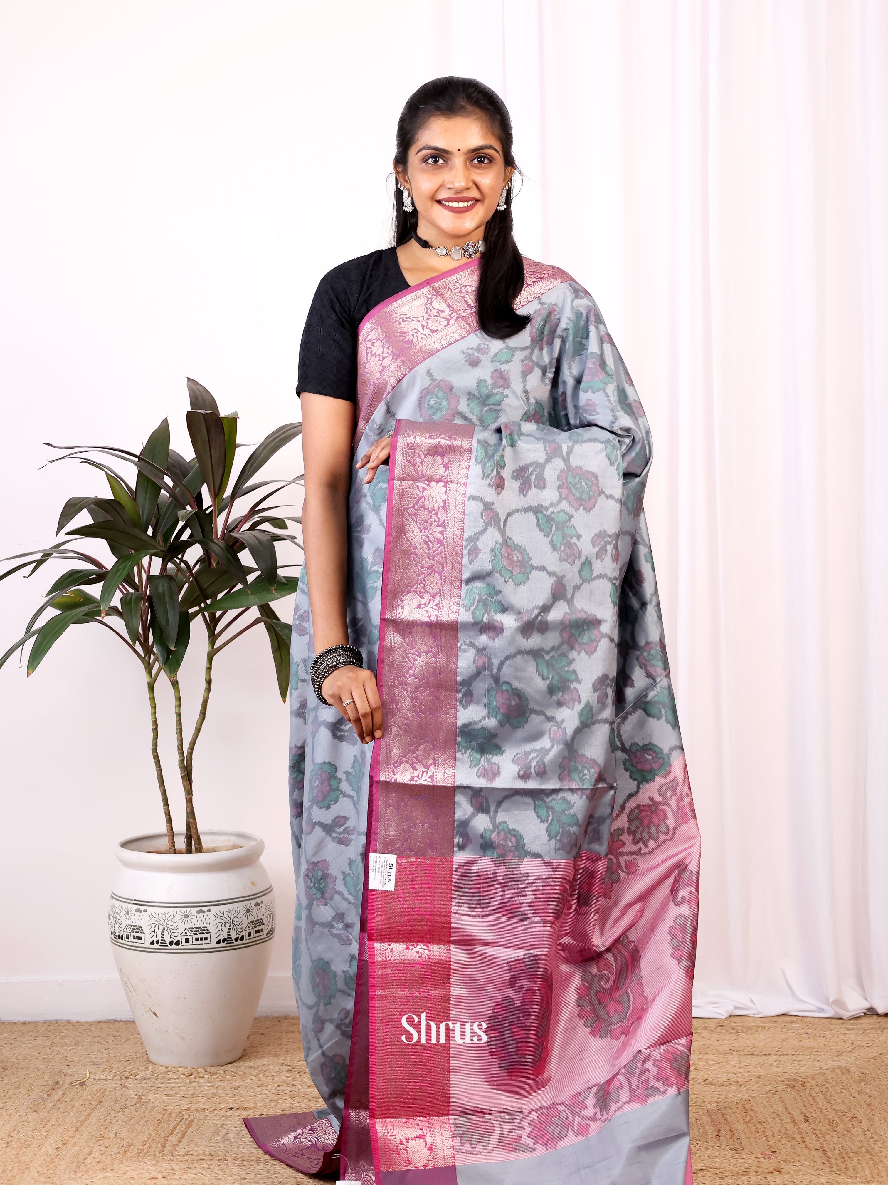 Grey & Pink- Semi Ikkat Saree - Shop on Shrus.com