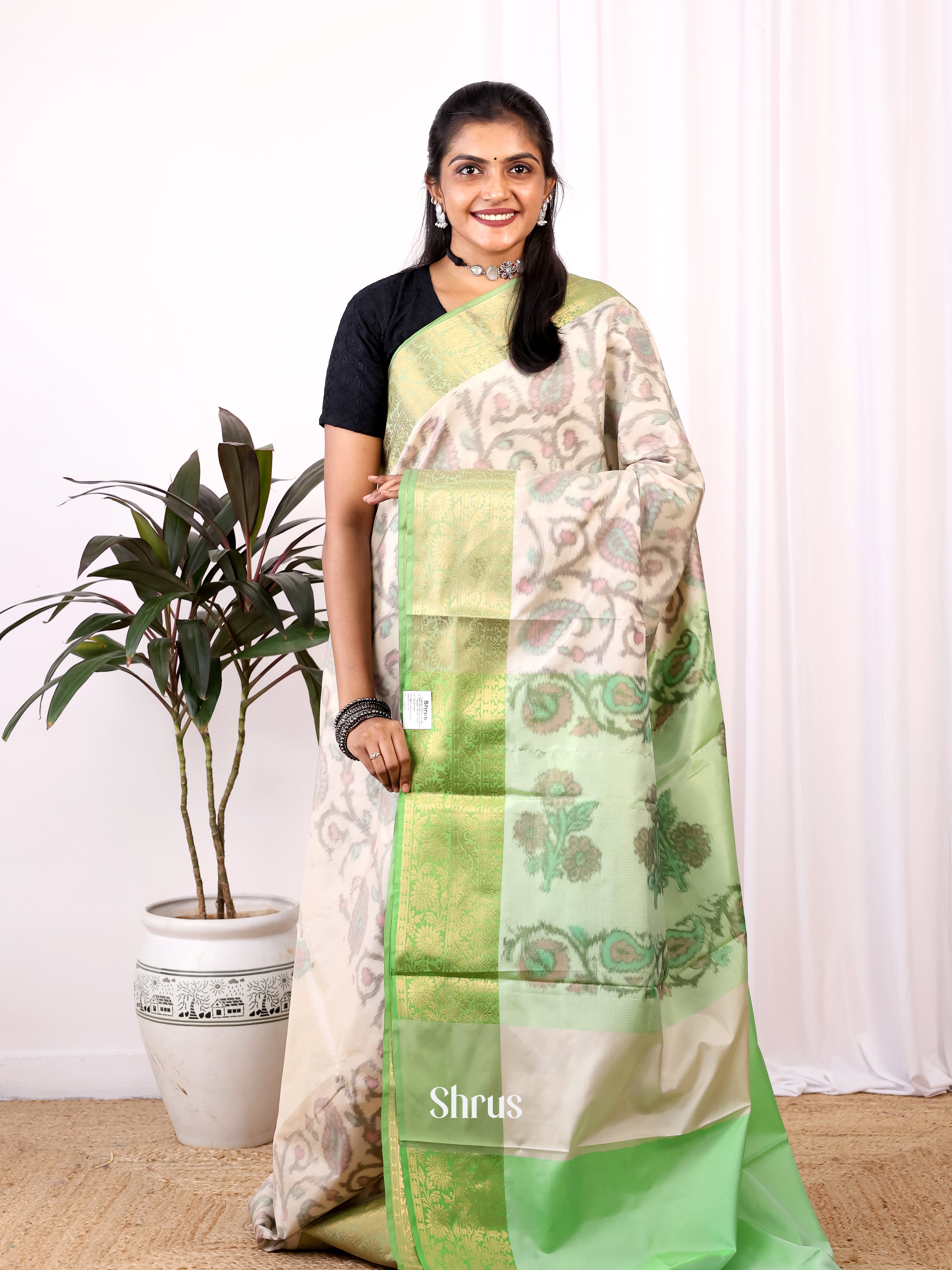 Cream & Green - Semi Ikkat Saree - Shop on Shrus.com