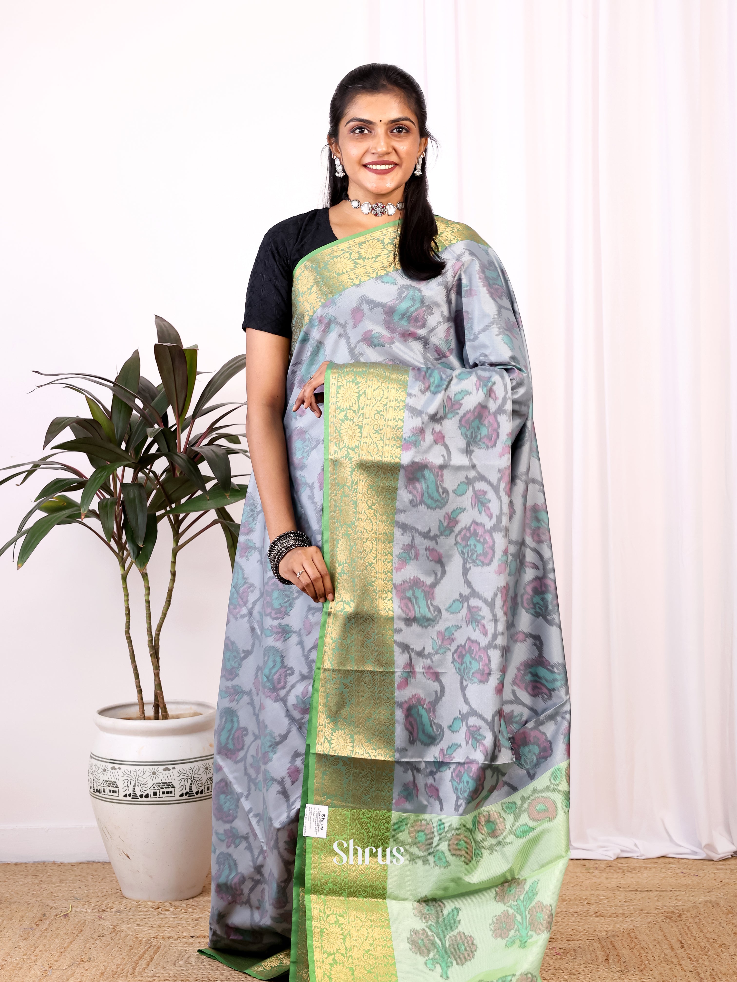 Grey & Green - Semi Ikkat Saree - Shop on Shrus.com