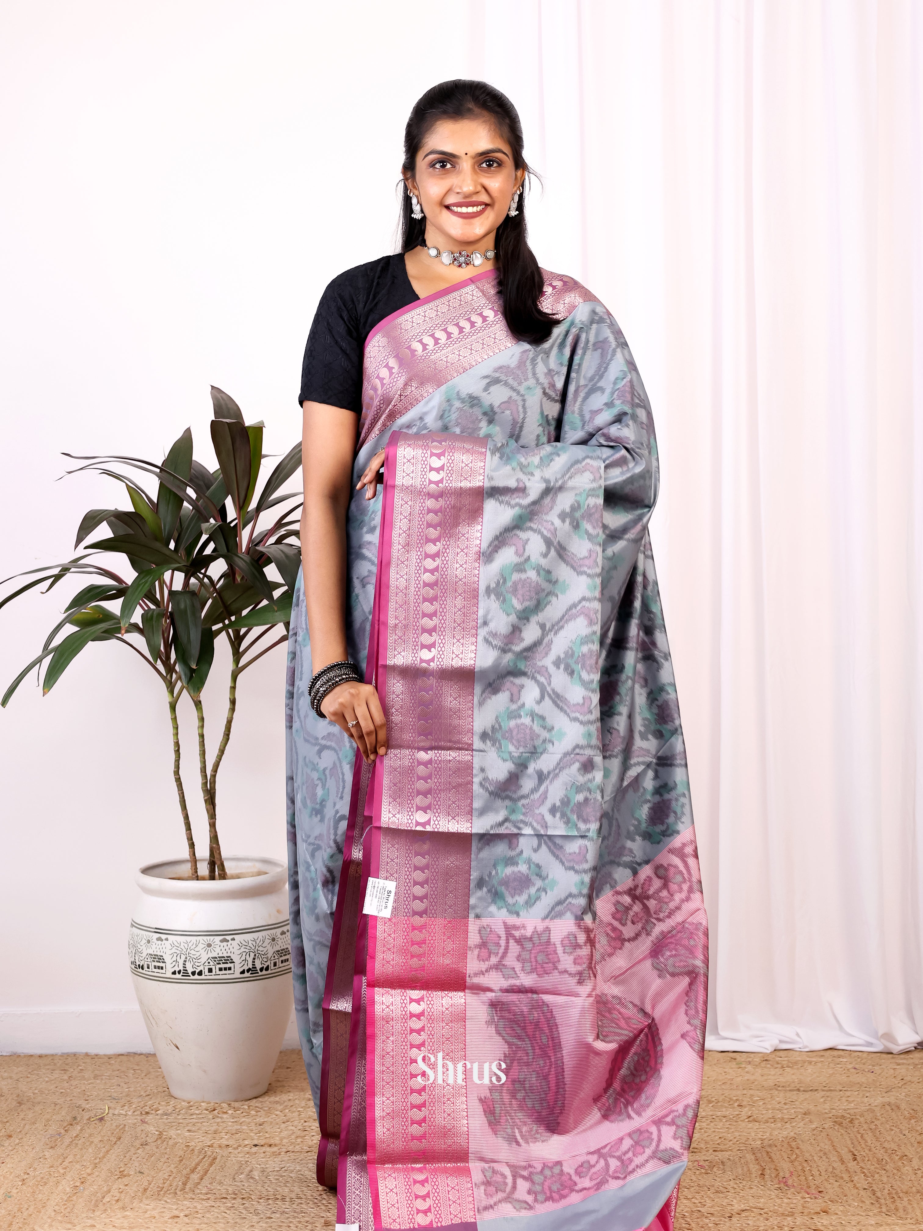 Grey & Pink - Semi Ikkat Saree - Shop on Shrus.com