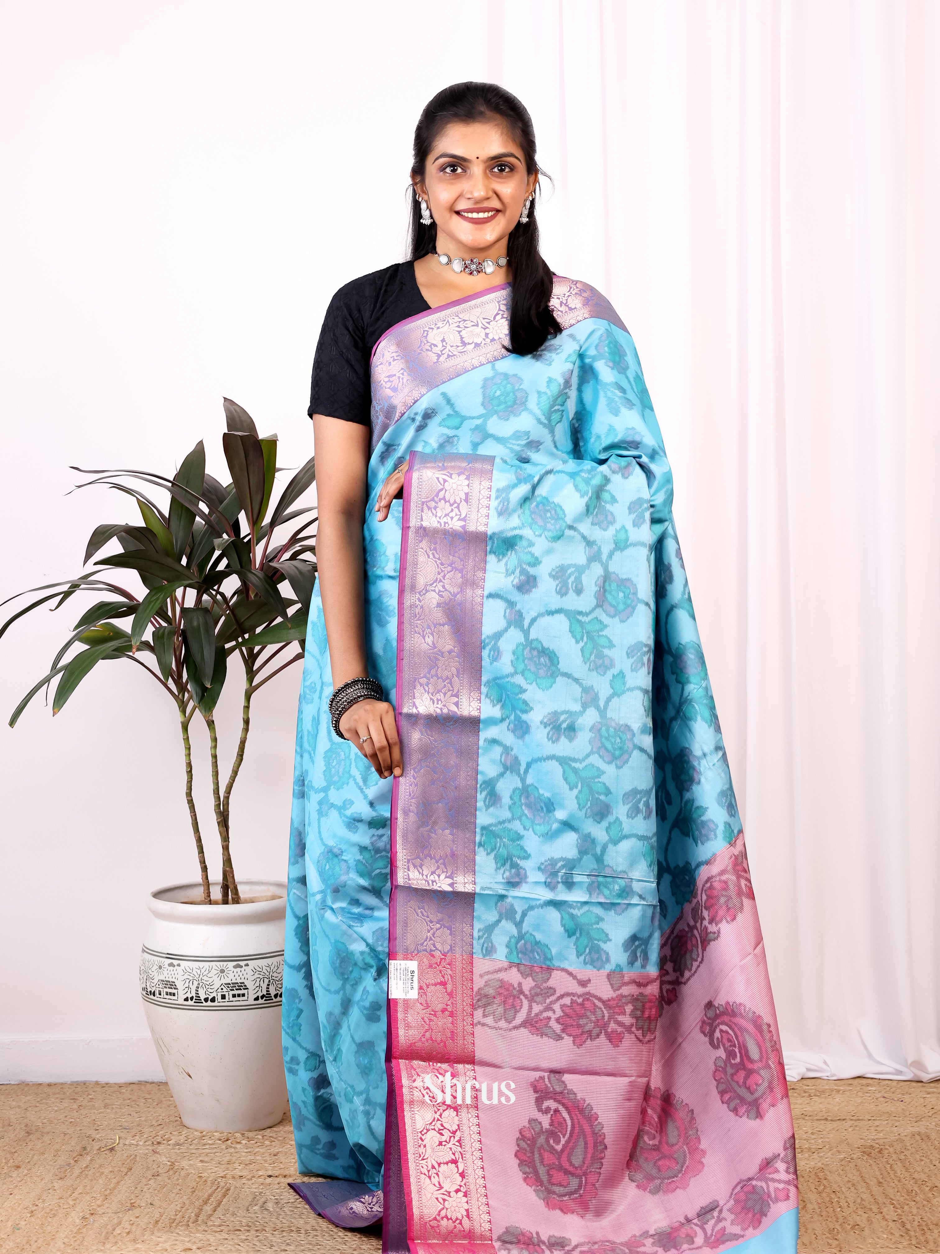Blue & Pink- Semi Ikkat Saree - Shop on Shrus.com