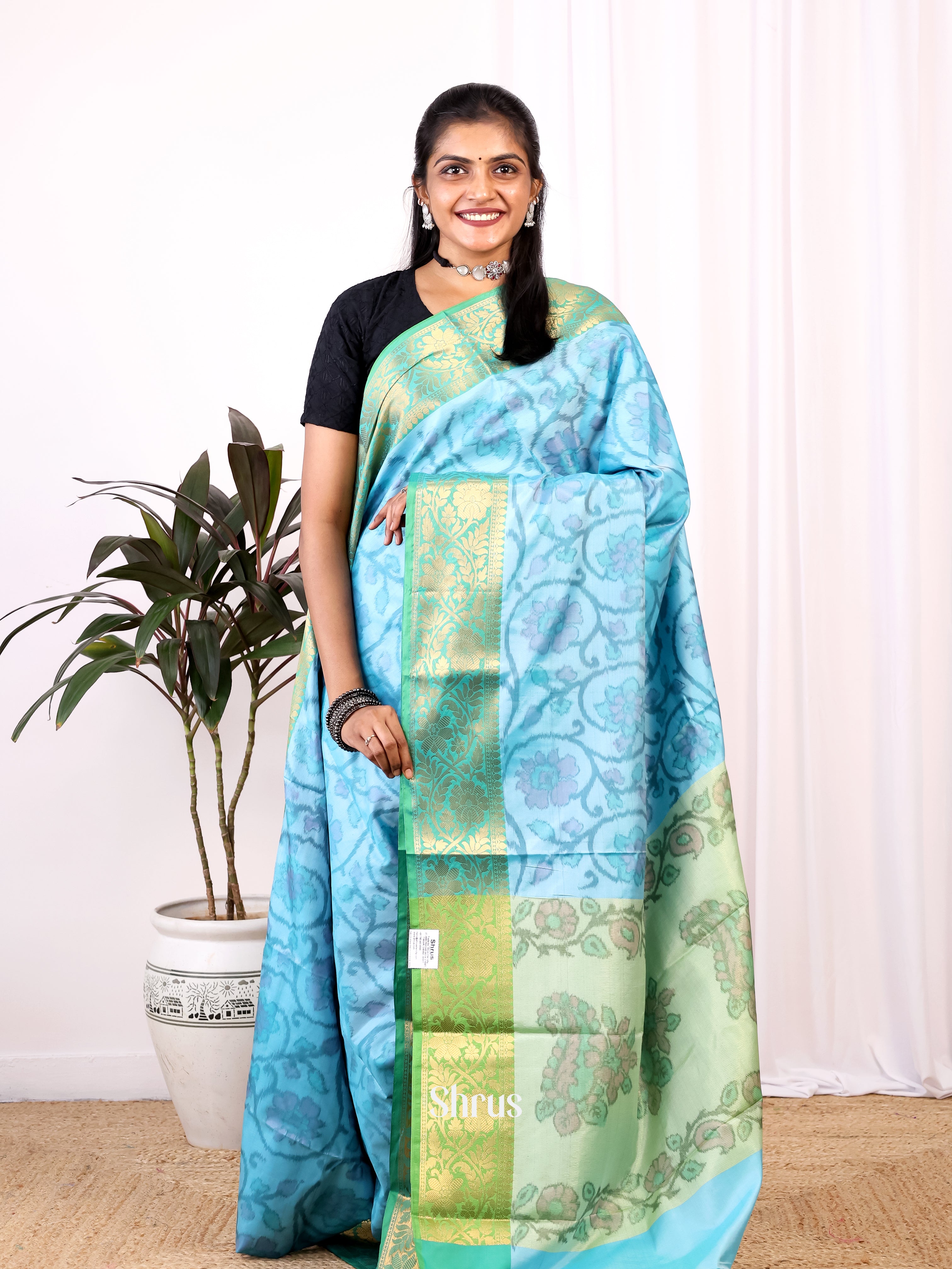 Blue & Green- Semi Ikkat Saree - Shop on Shrus.com