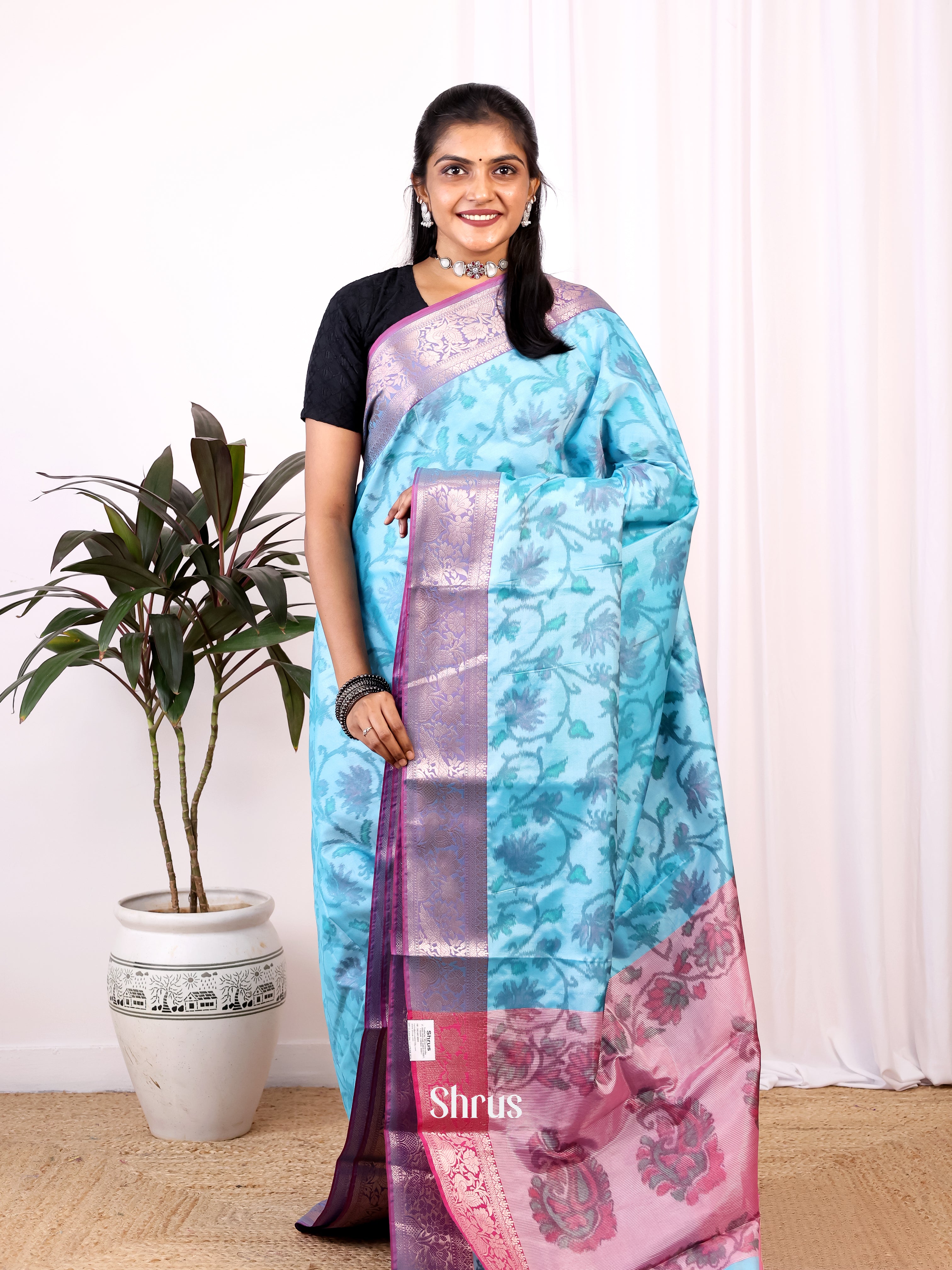 Blue & Pink - Semi Ikkat Saree - Shop on Shrus.com
