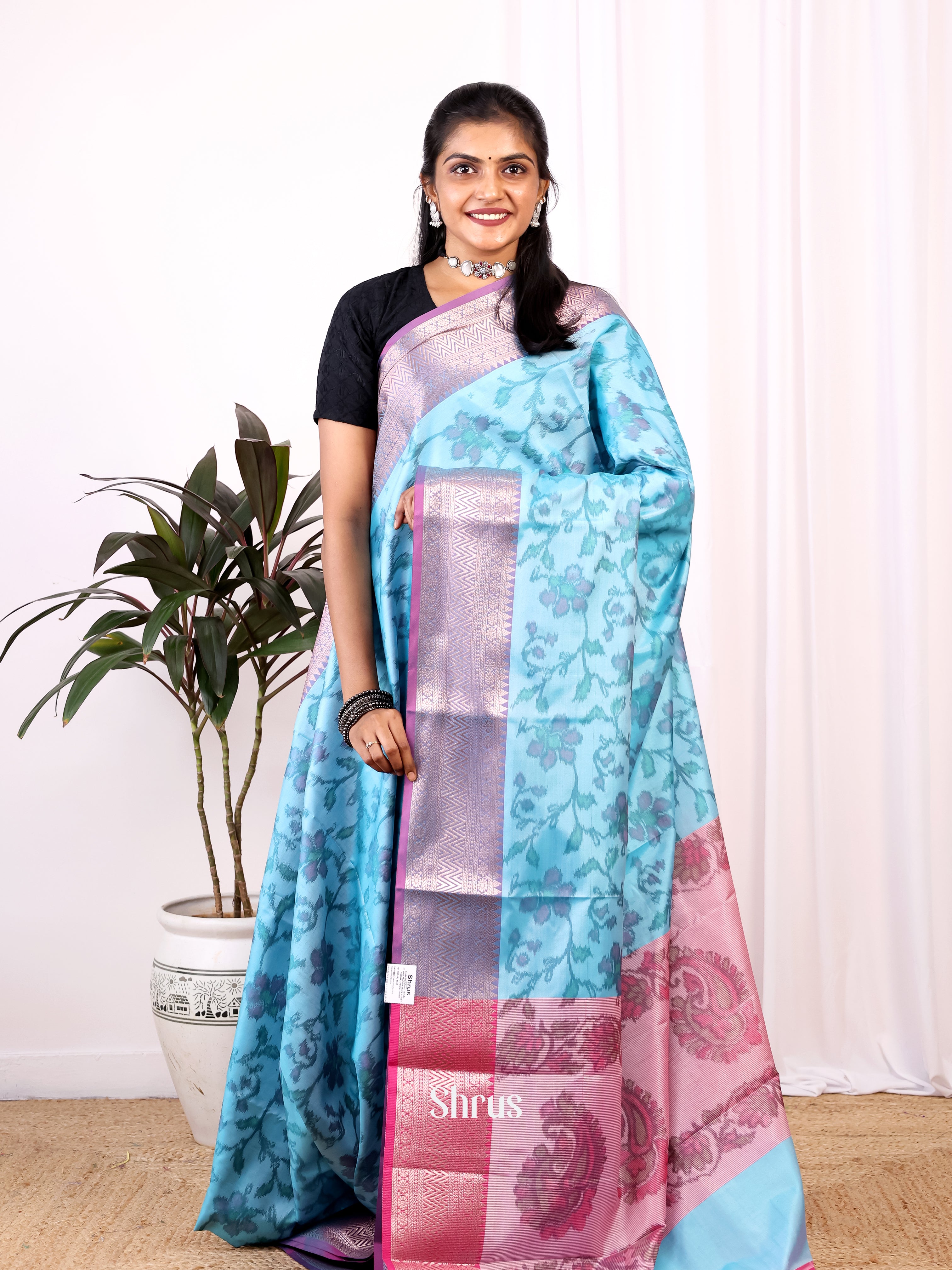 Blue & Pink - Semi Ikkat Saree - Shop on Shrus.com