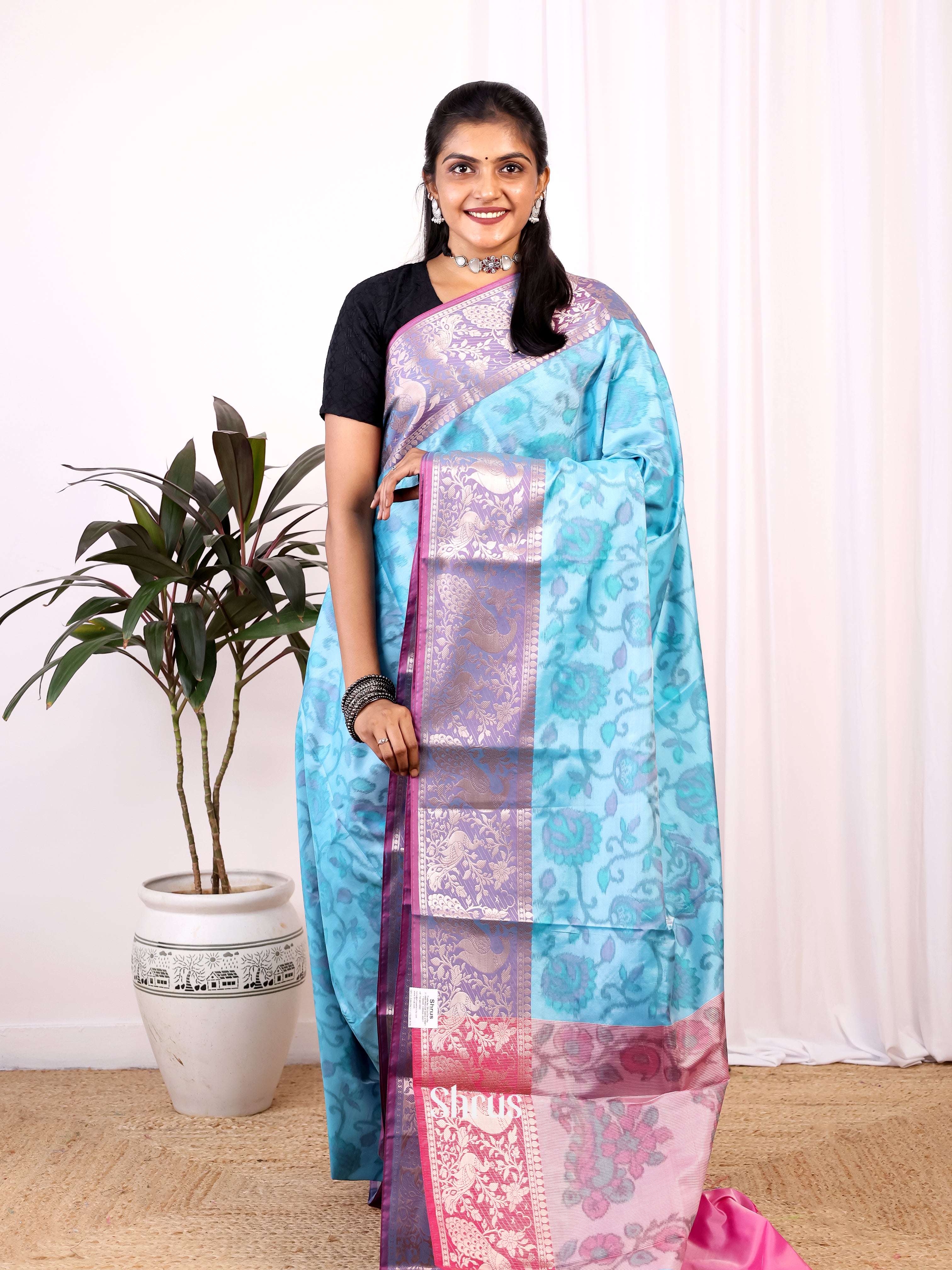 Blue & Pink - Semi Ikkat Saree - Shop on Shrus.com